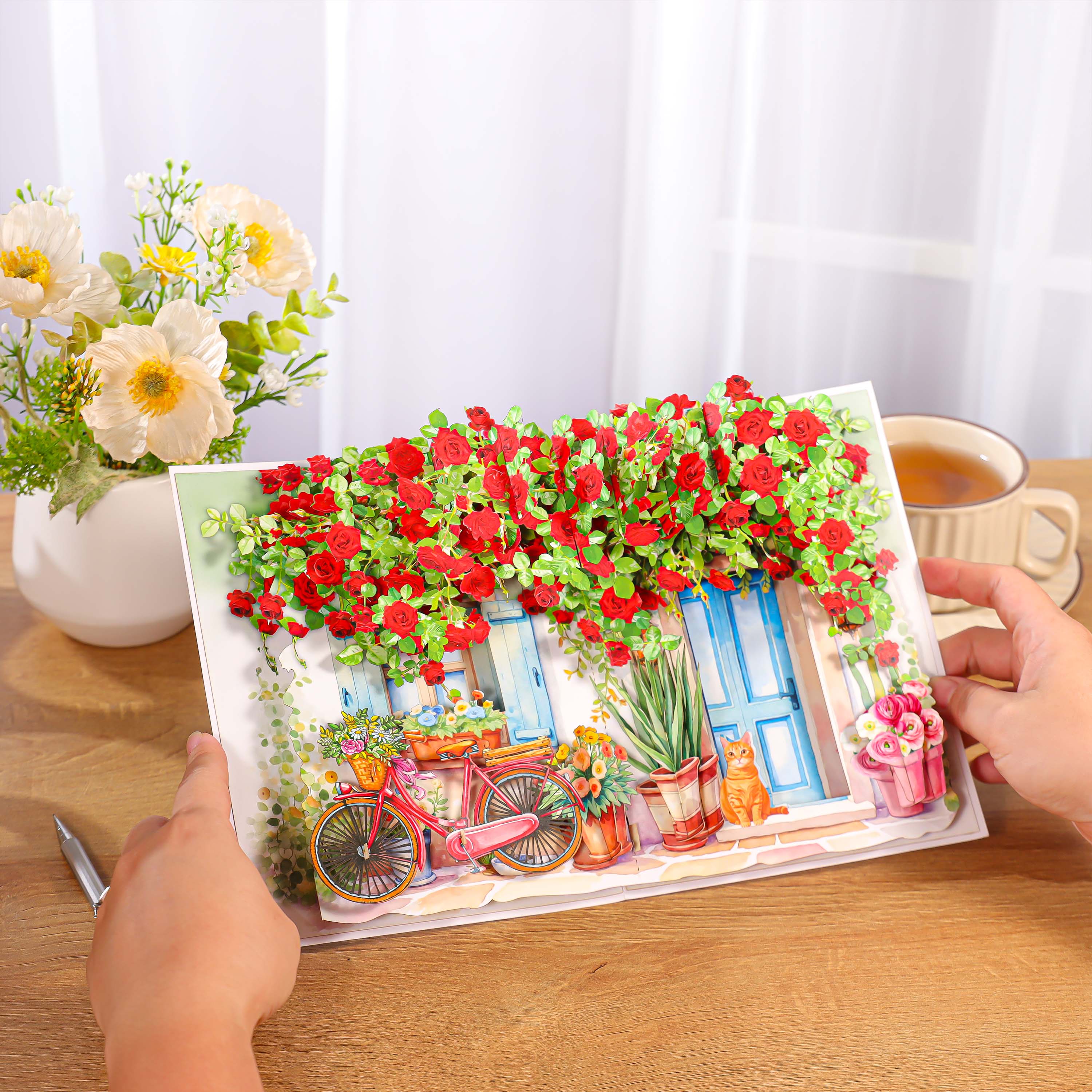 Charming Rose Cottage Pop-Up Card – A Blooming Garden Full of Warmth and Elegance