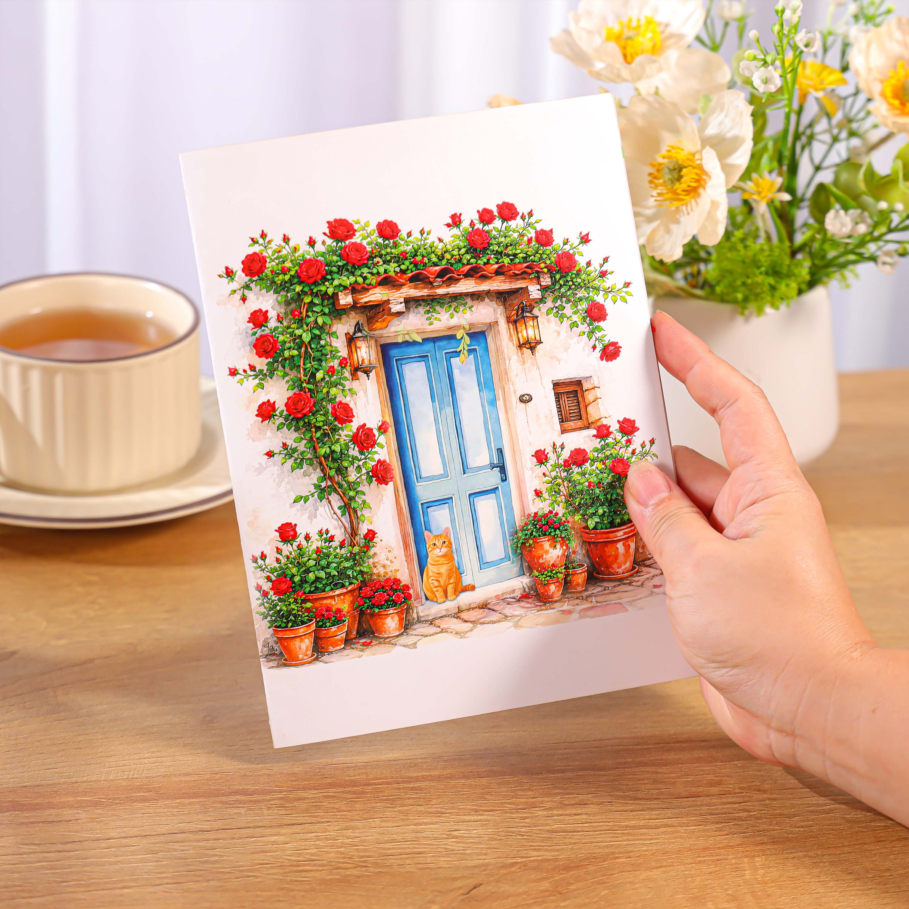 Charming Rose Cottage Pop-Up Card – A Blooming Garden Full of Warmth and Elegance
