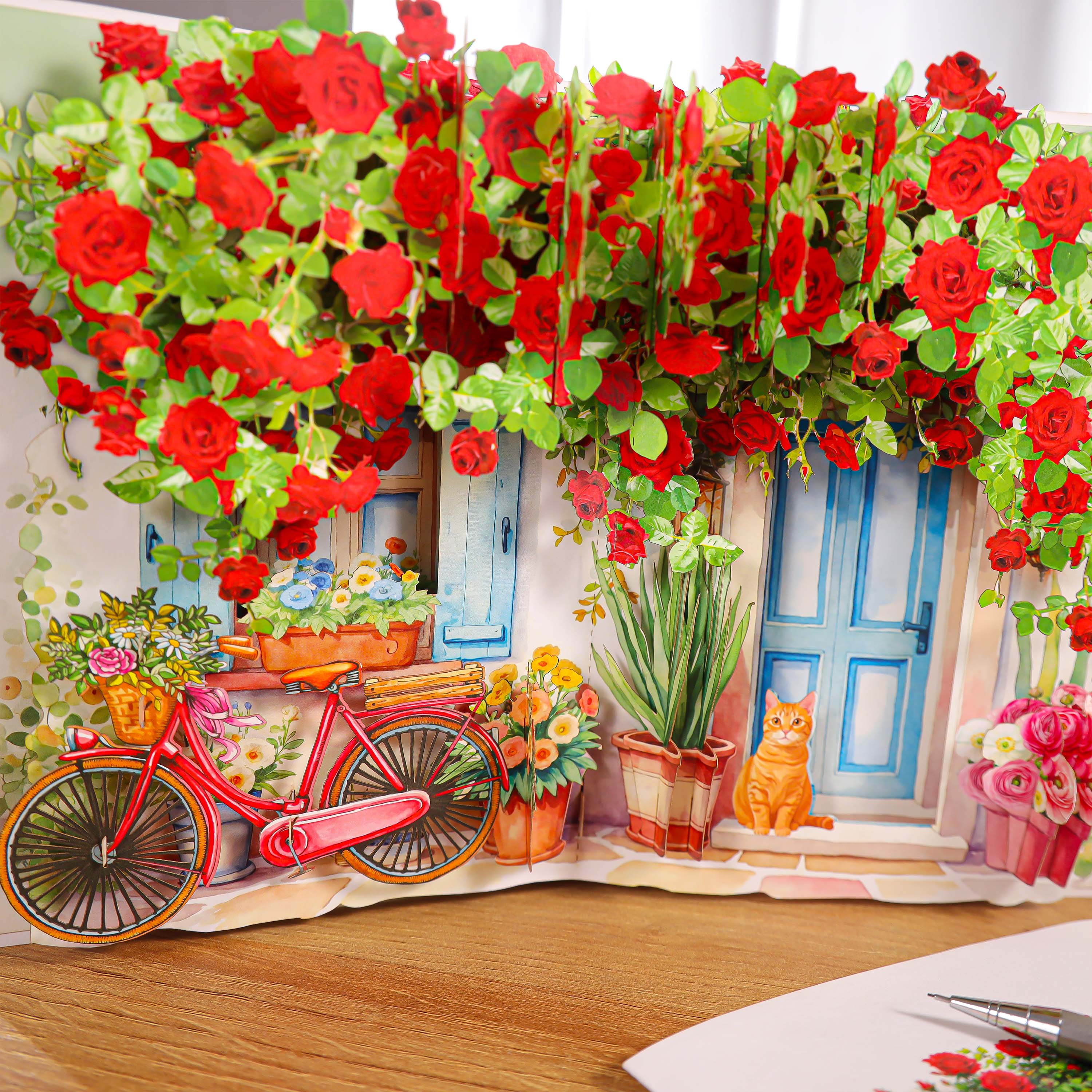 Charming Rose Cottage Pop-Up Card – A Blooming Garden Full of Warmth and Elegance
