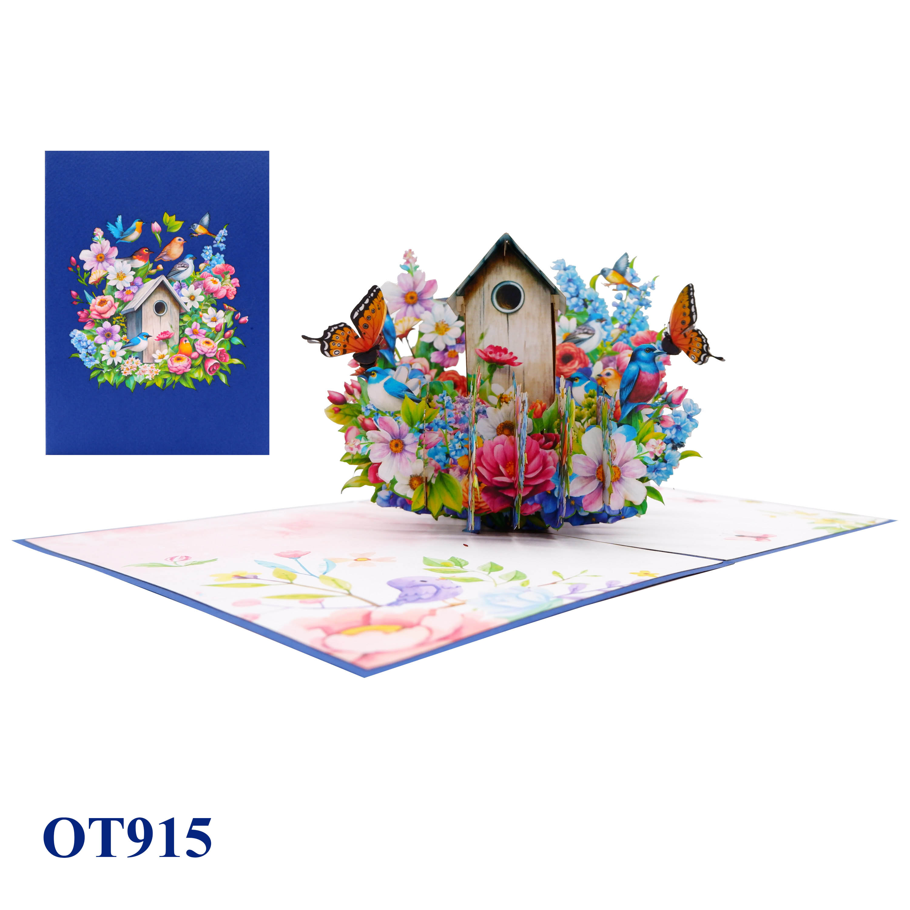 Blue Birds Nest Flowers Butterfly Pop Up Card