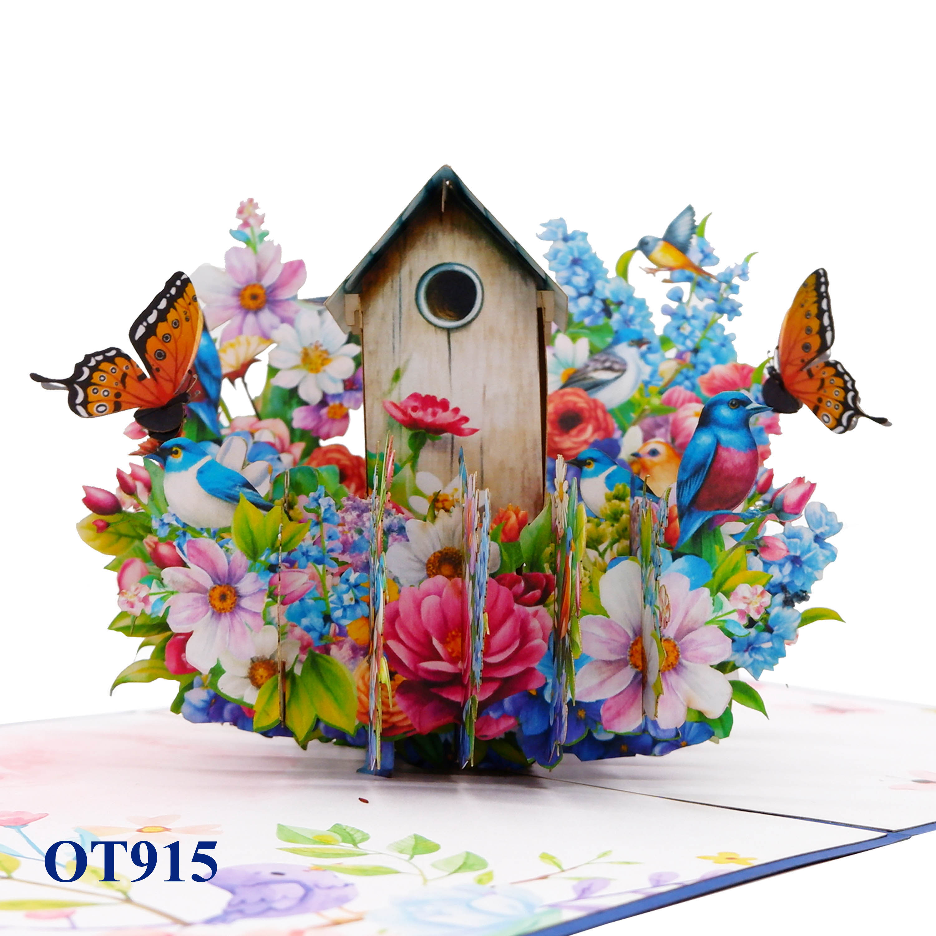 Blue Birds Nest Flowers Butterfly Pop Up Card