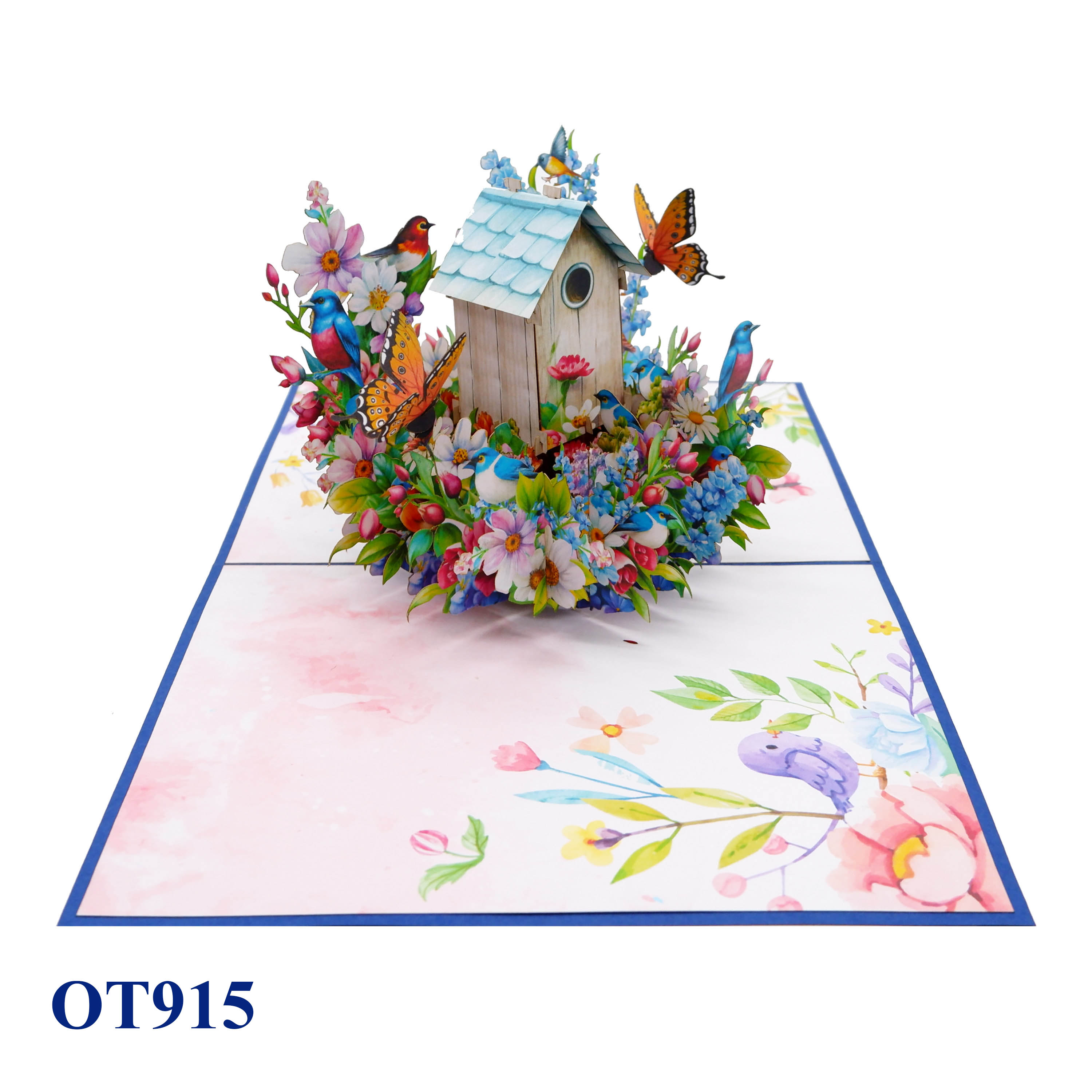 Blue Birds Nest Flowers Butterfly Pop Up Card