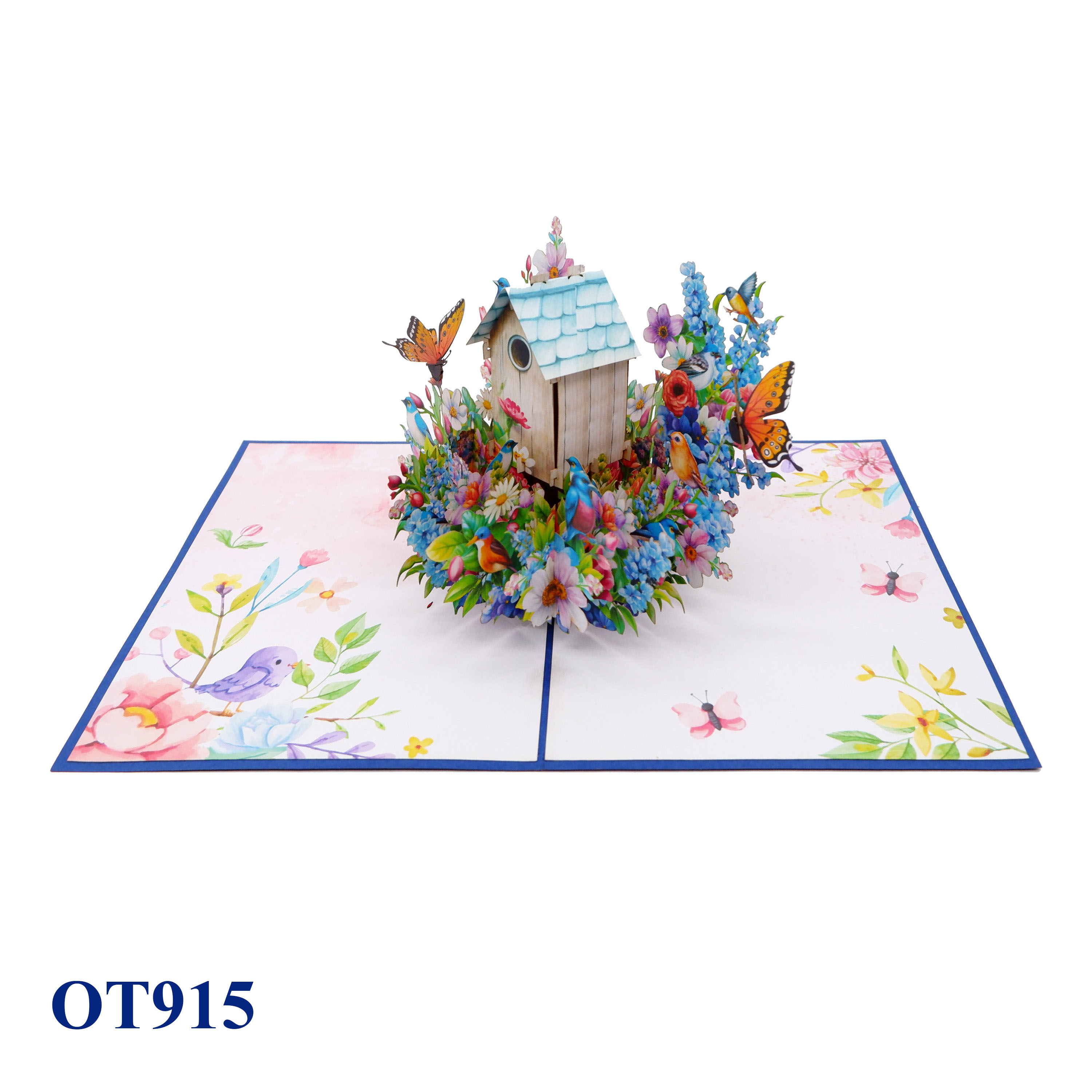 Blue Birds Nest Flowers Butterfly Pop Up Card