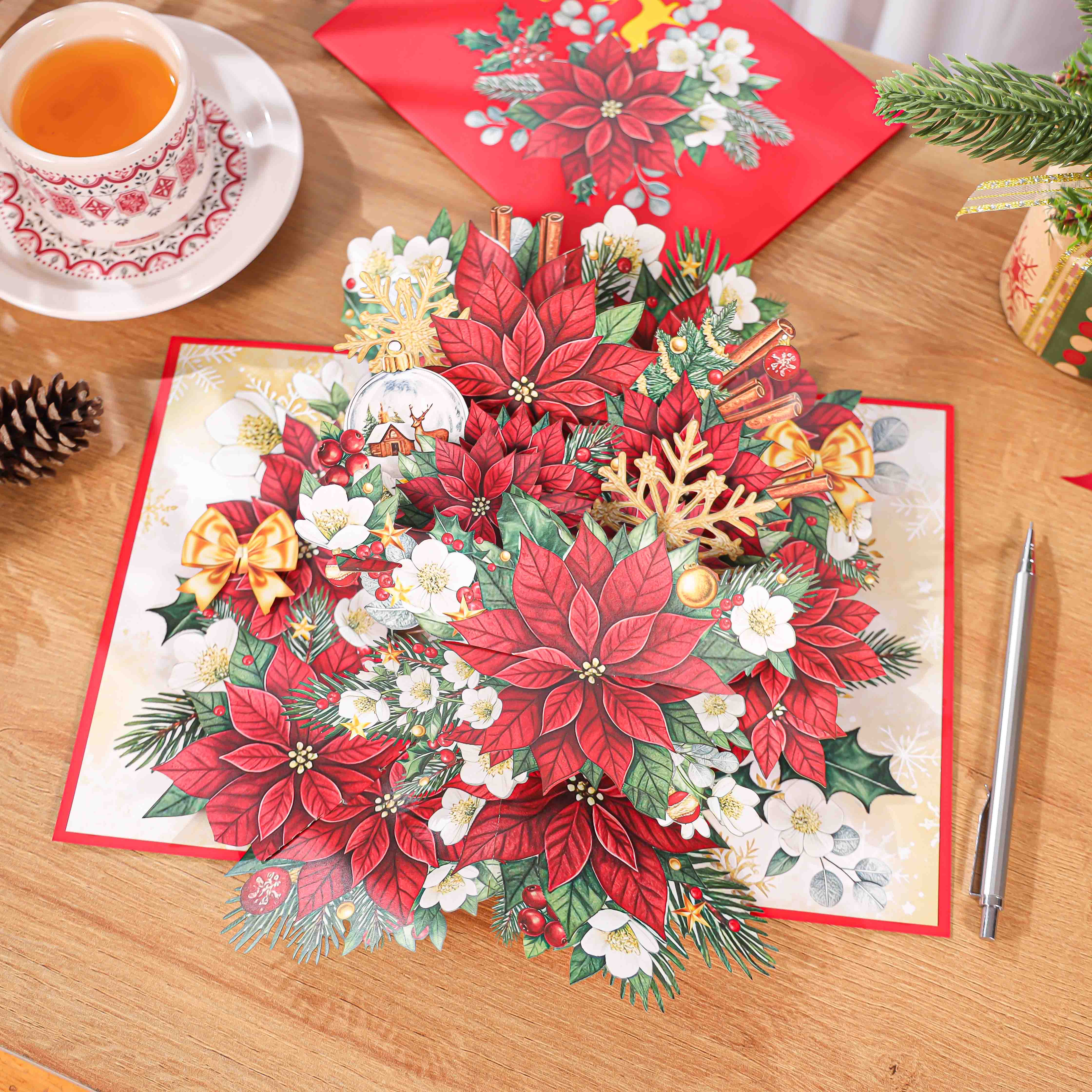 Luxury Christmas Poinsettia Pop-Up Card – Handmade 3D Greeting Cards from Vietnam