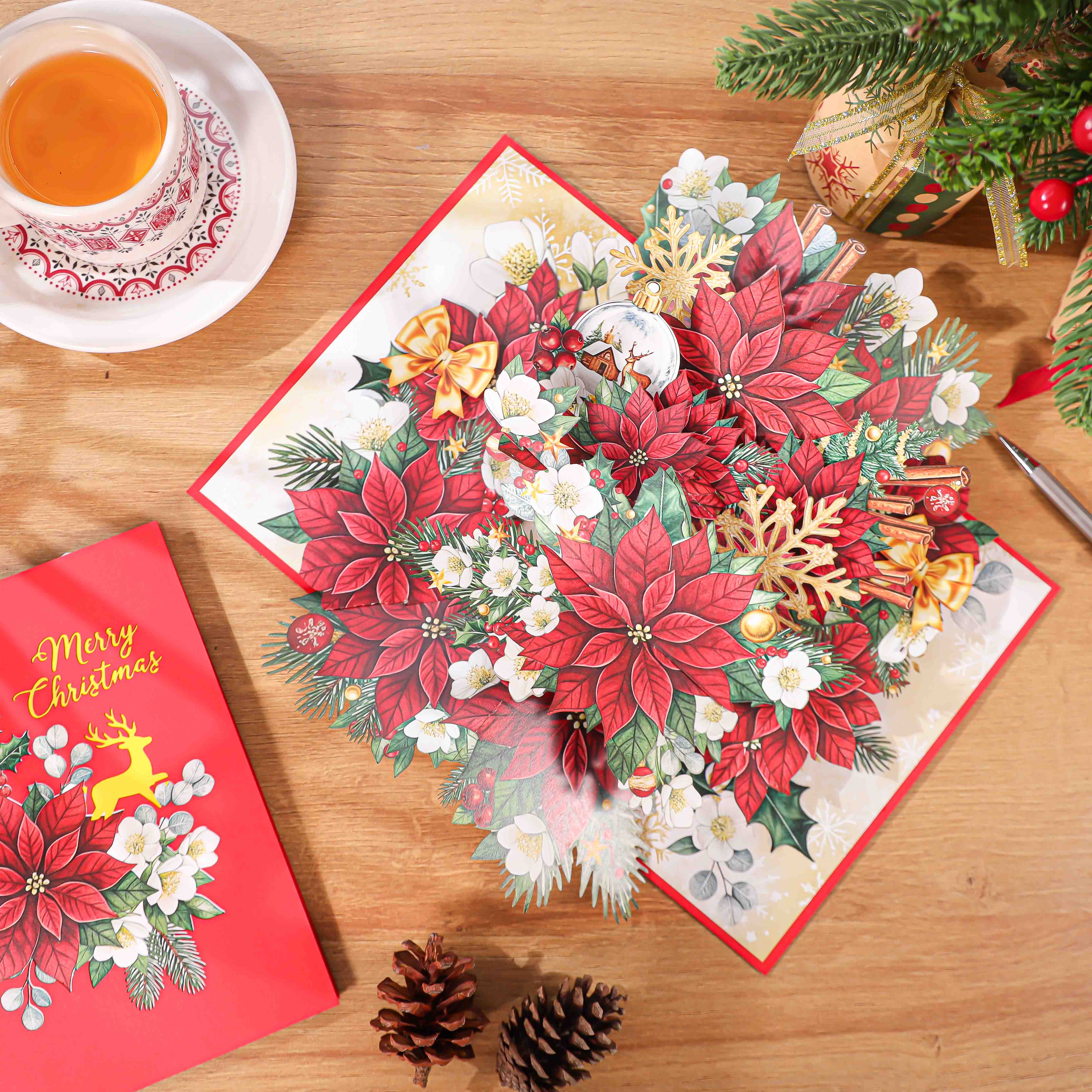 Luxury Christmas Poinsettia Pop-Up Card – Handmade 3D Greeting Cards from Vietnam