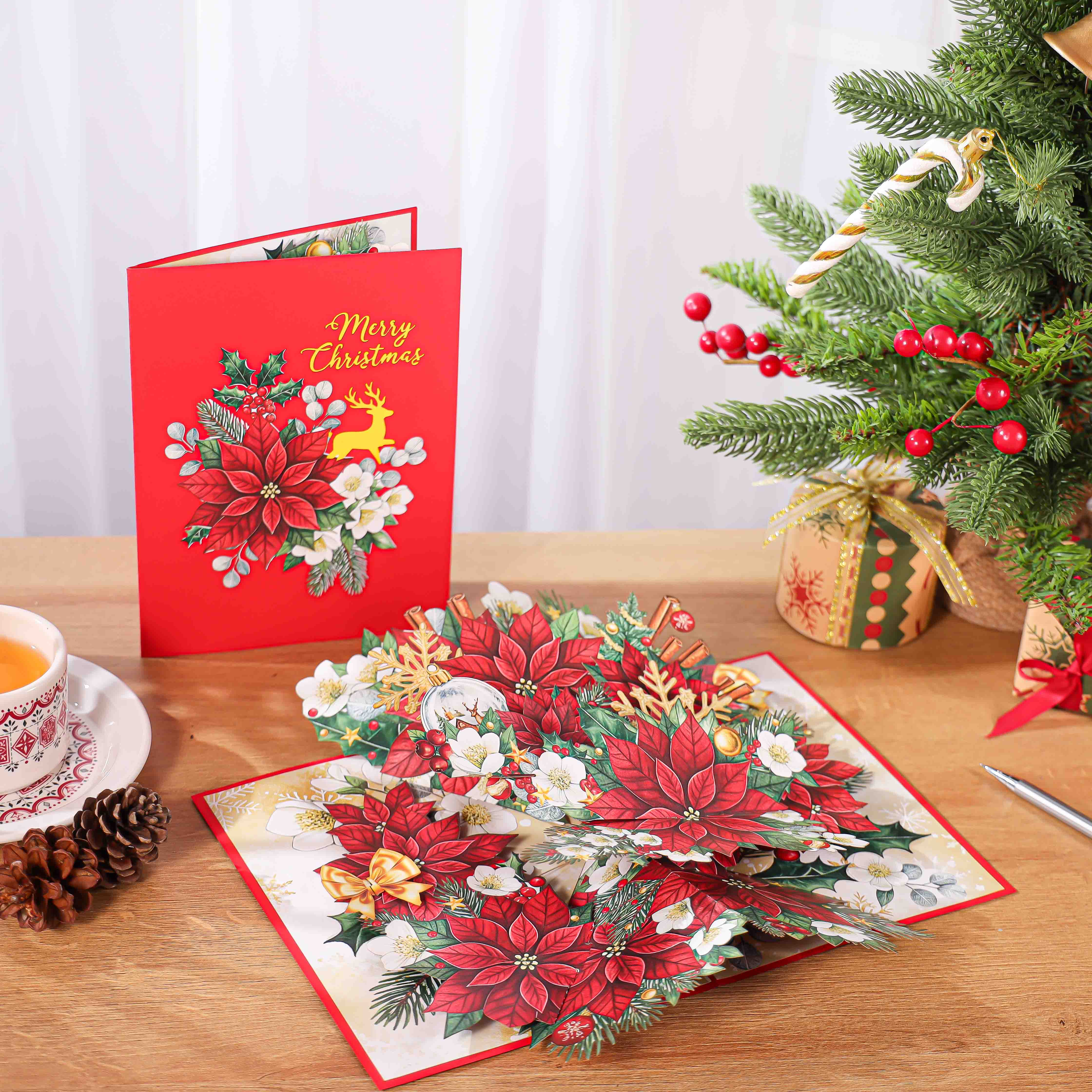 Luxury Christmas Poinsettia Pop-Up Card – Handmade 3D Greeting Cards from Vietnam