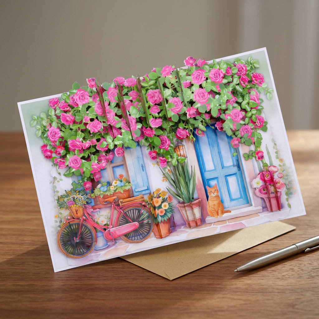 3D Pop Up Flower Garden Greeting Card – Romantic Door & Rose Design