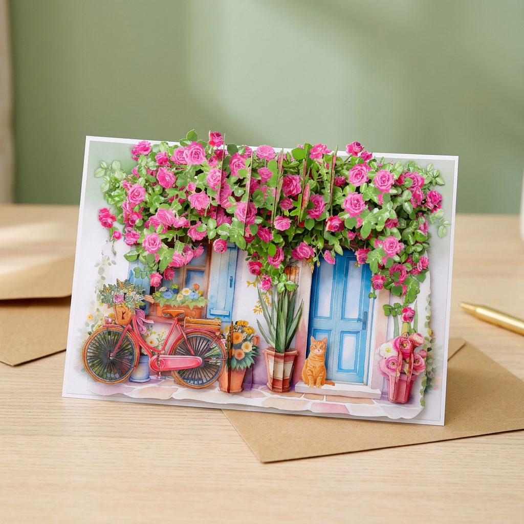 3D Pop Up Flower Garden Greeting Card – Romantic Door & Rose Design