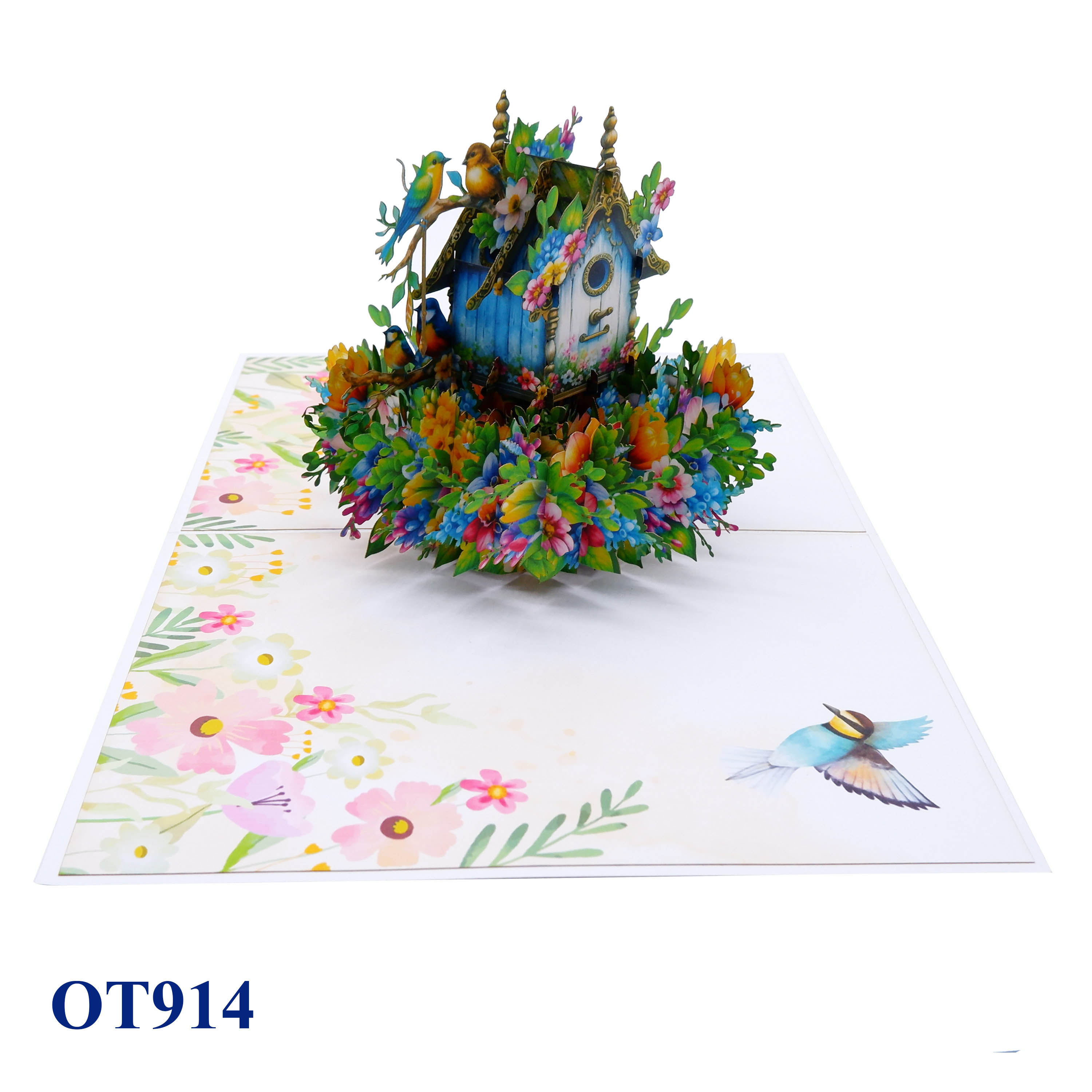 Green Birds Nest Flowers Pop Up Card