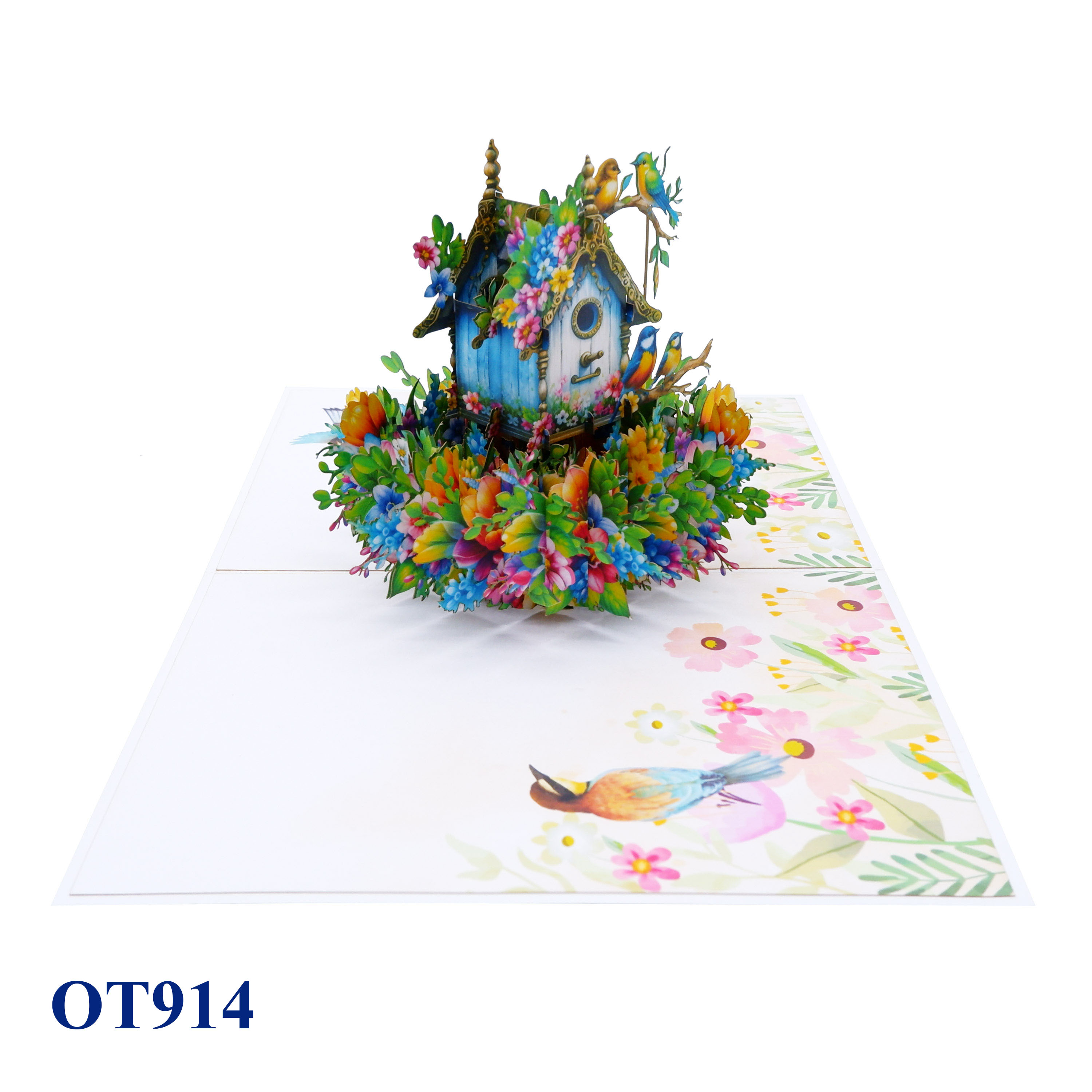 Green Birds Nest Flowers Pop Up Card