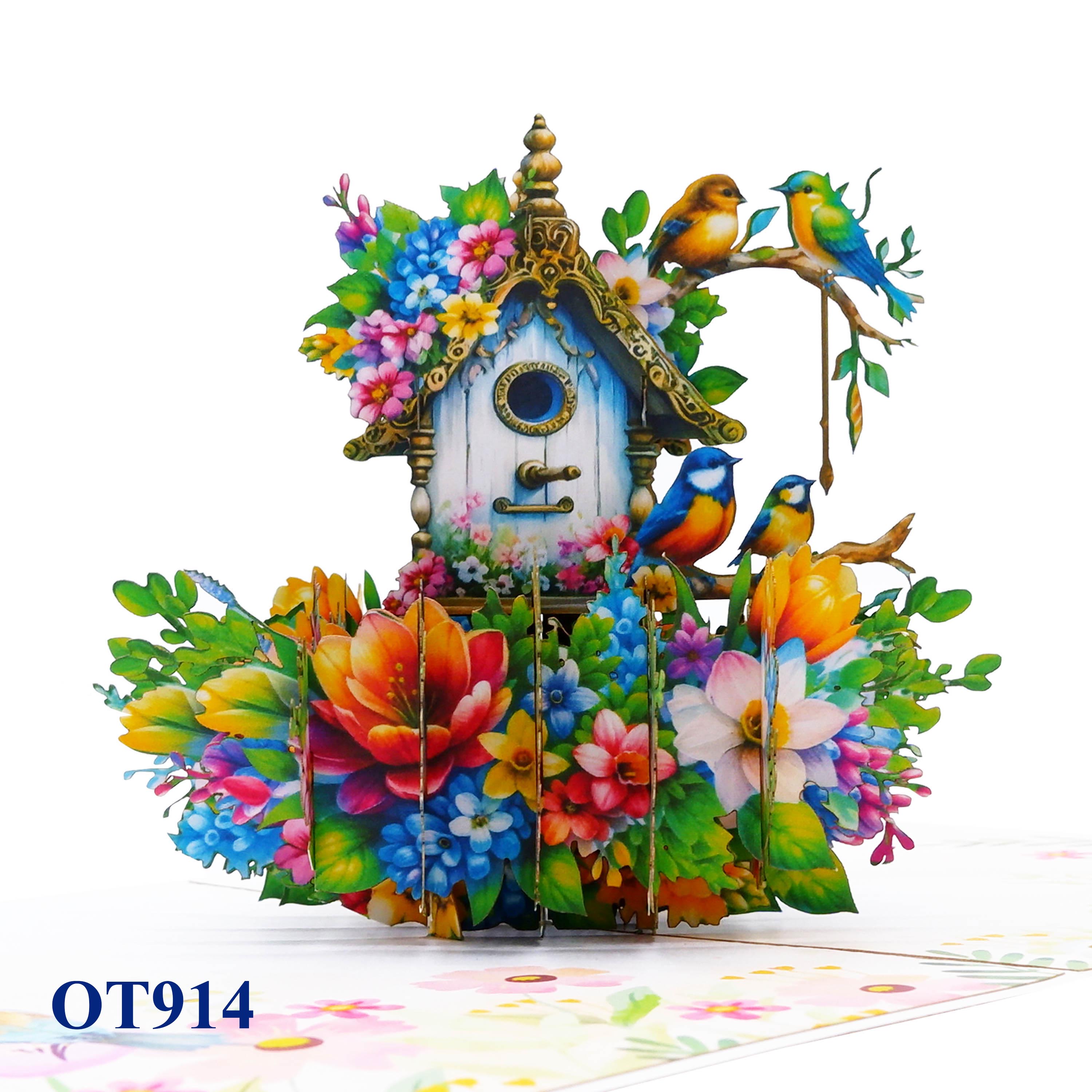 Green Birds Nest Flowers Pop Up Card