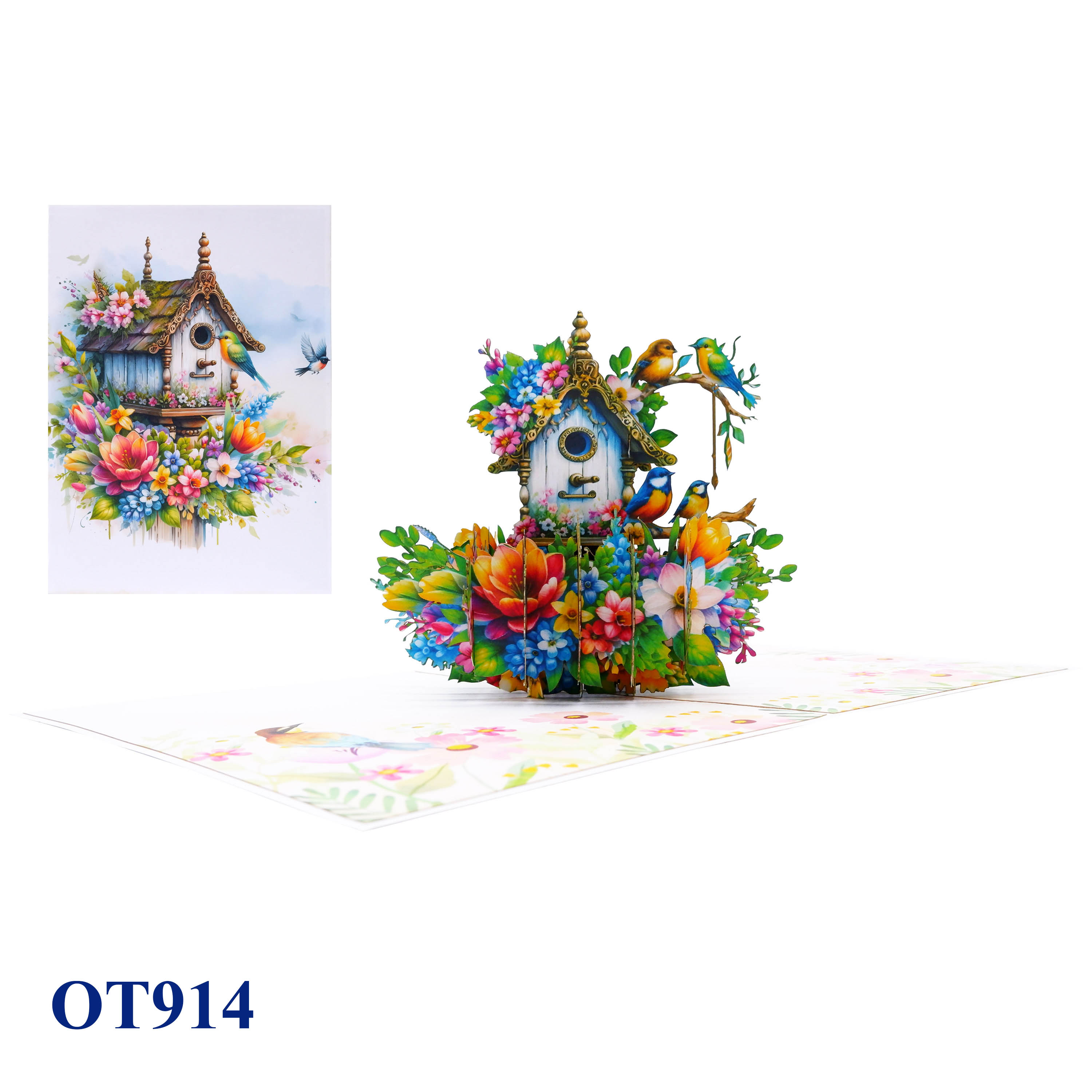 Green Birds Nest Flowers Pop Up Card