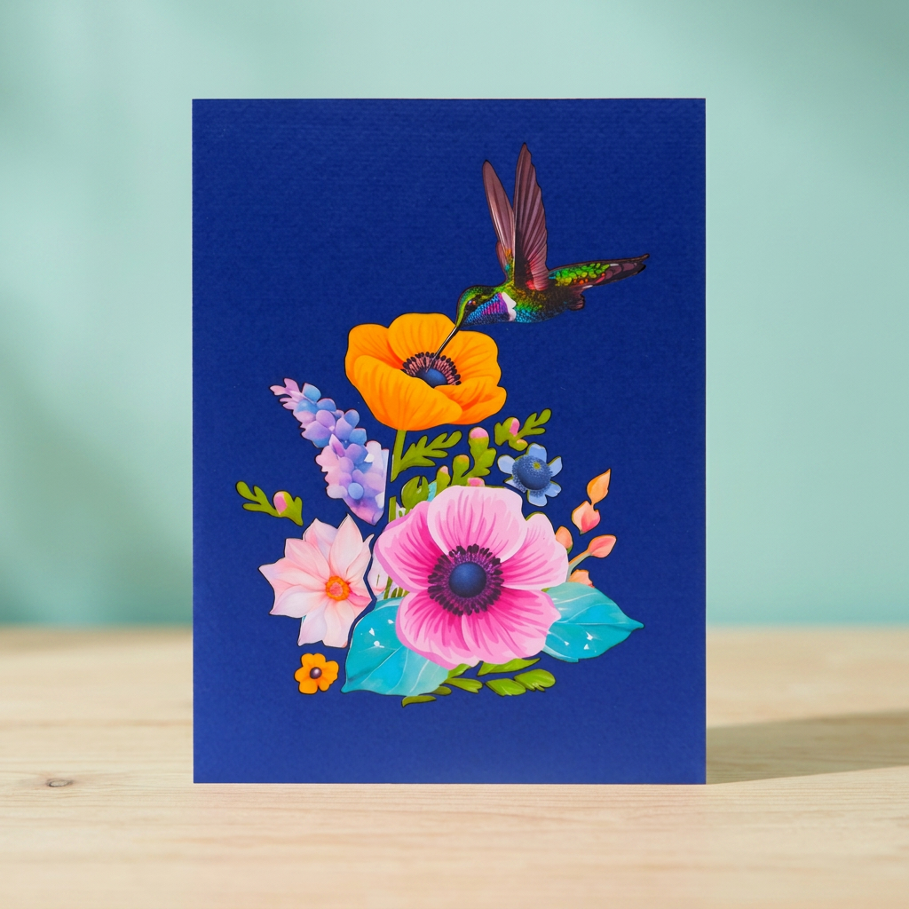Anemone Coronaria Flower Hummingbird Pop Up Card