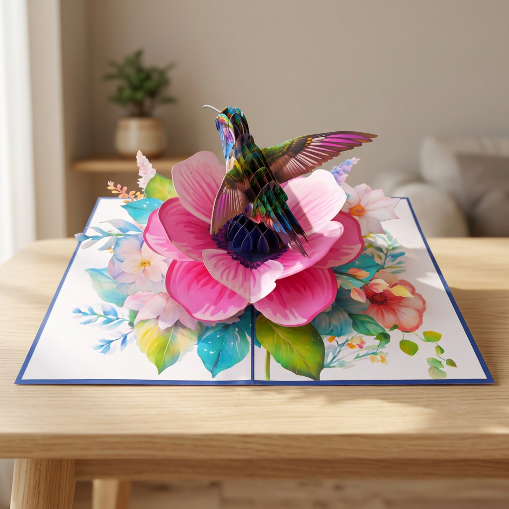 Anemone Coronaria Flower Hummingbird Pop Up Card