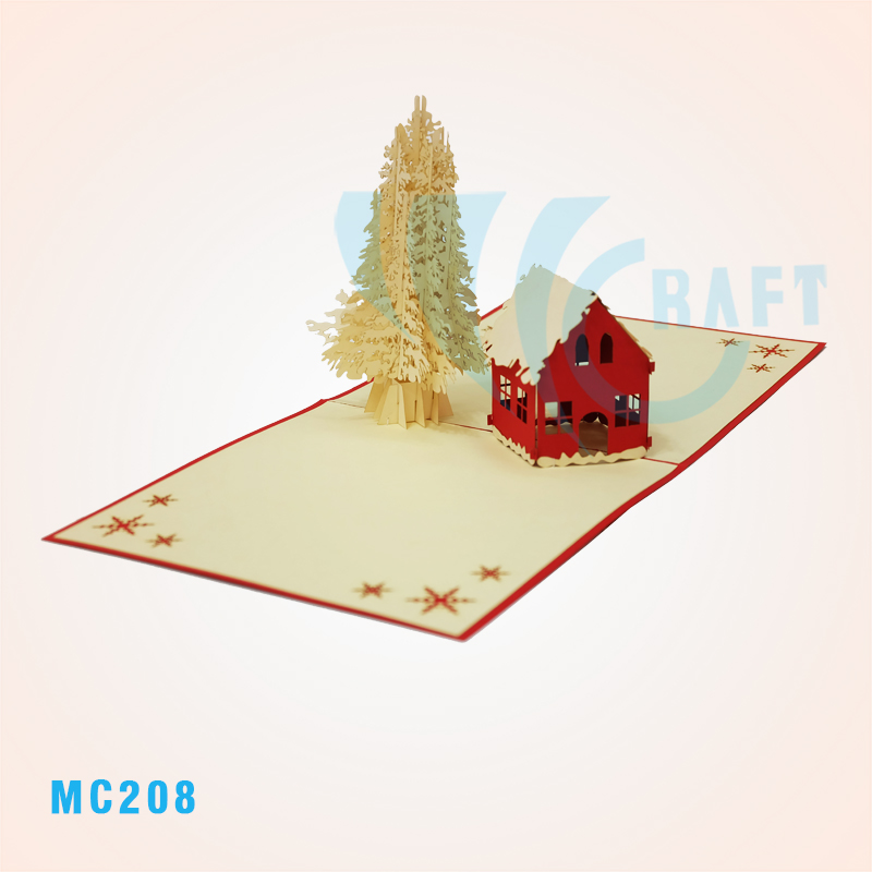 Pop-up Christmas Card – Red House & Snowy Pine Tree