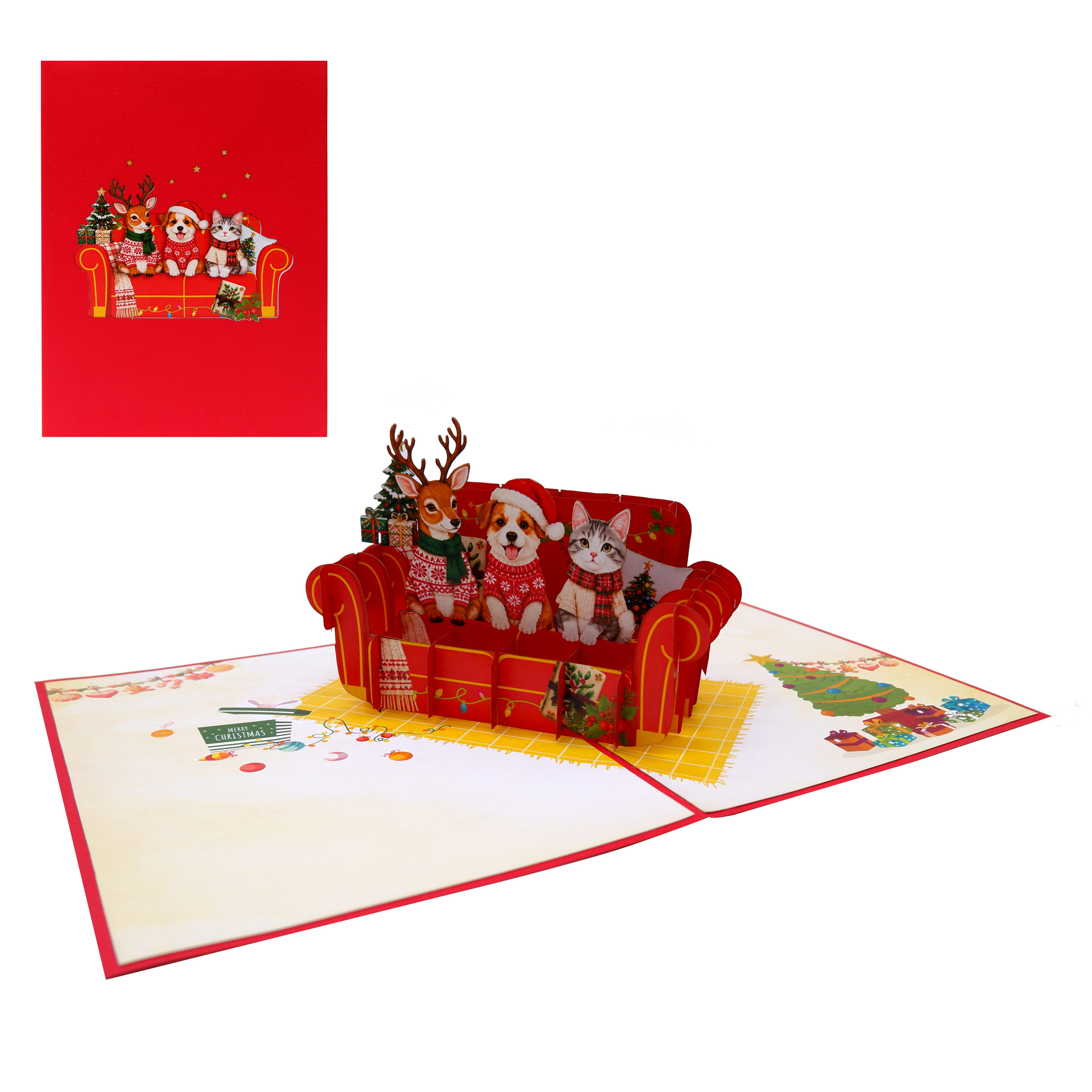 3D Pop Up Christmas Card – Cute Animals on a Festive Sofa