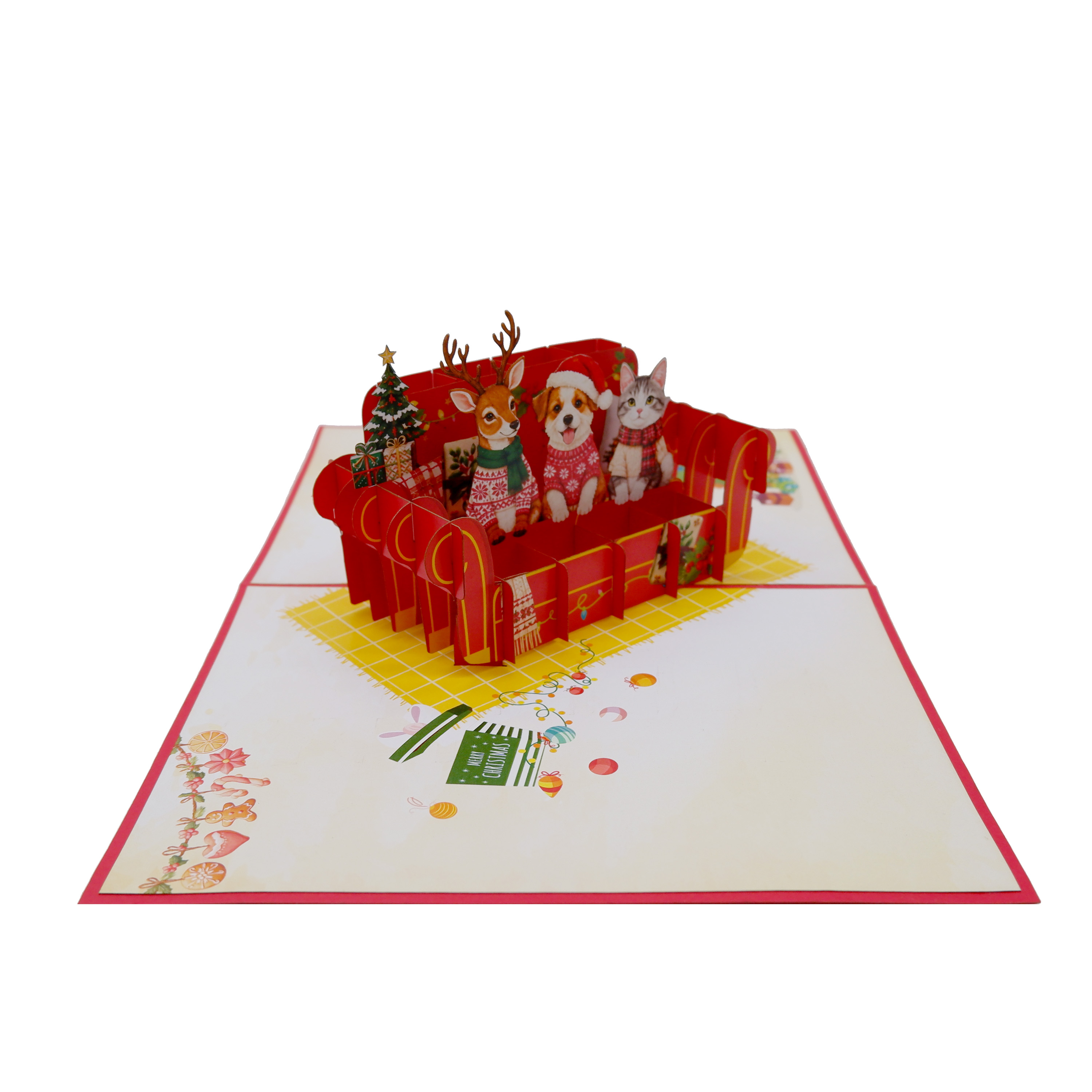3D Pop Up Christmas Card – Cute Animals on a Festive Sofa