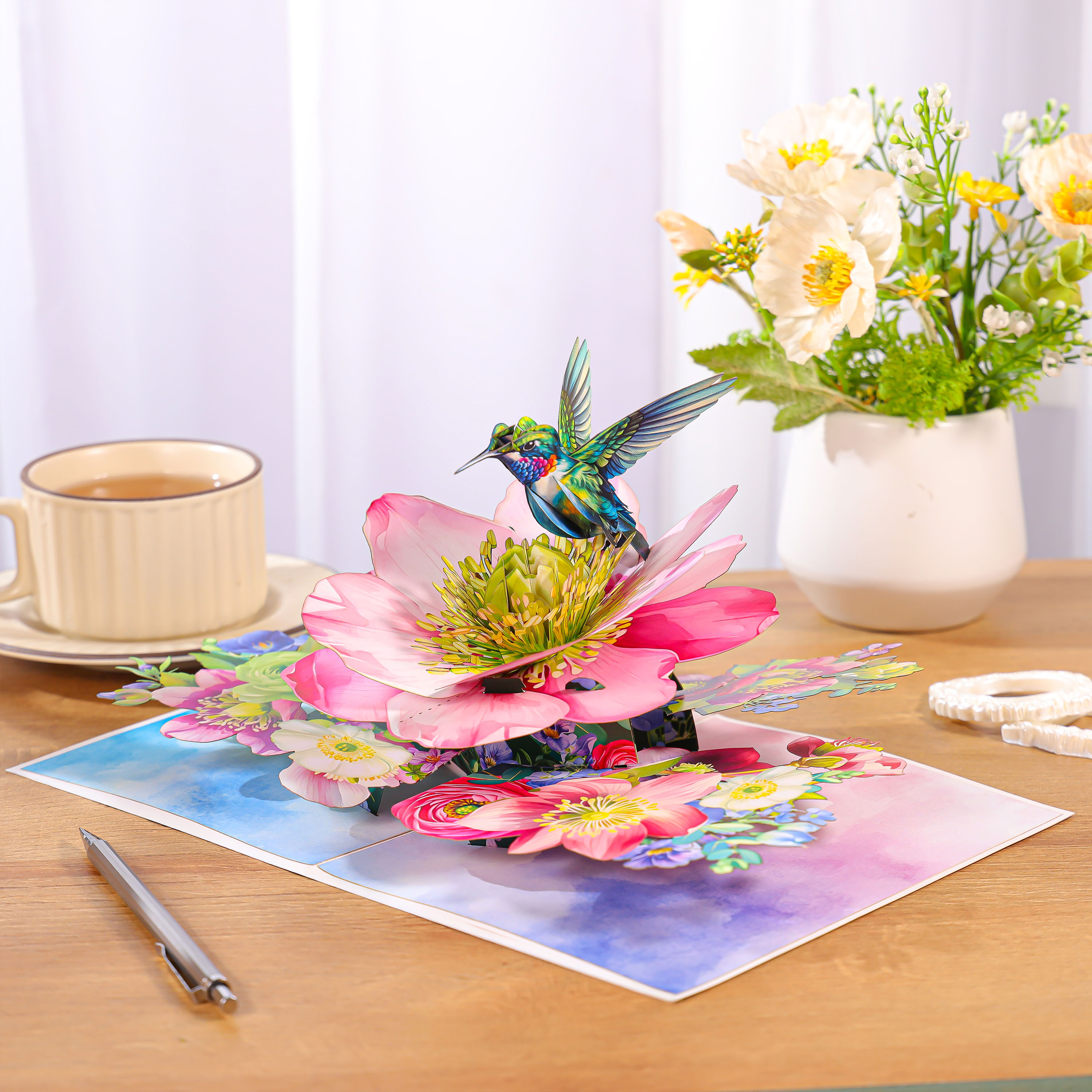 Hummingbird & Hellebore Flower 3D Pop Up Card