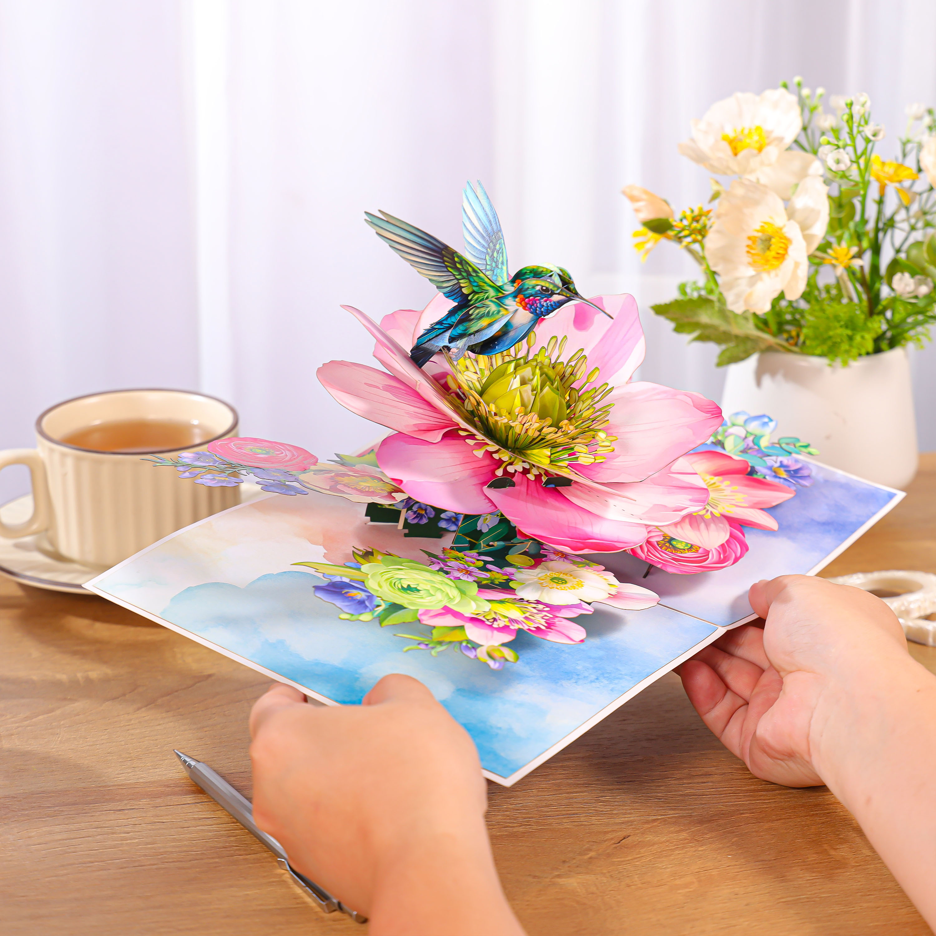 Hummingbird & Hellebore Flower 3D Pop Up Card
