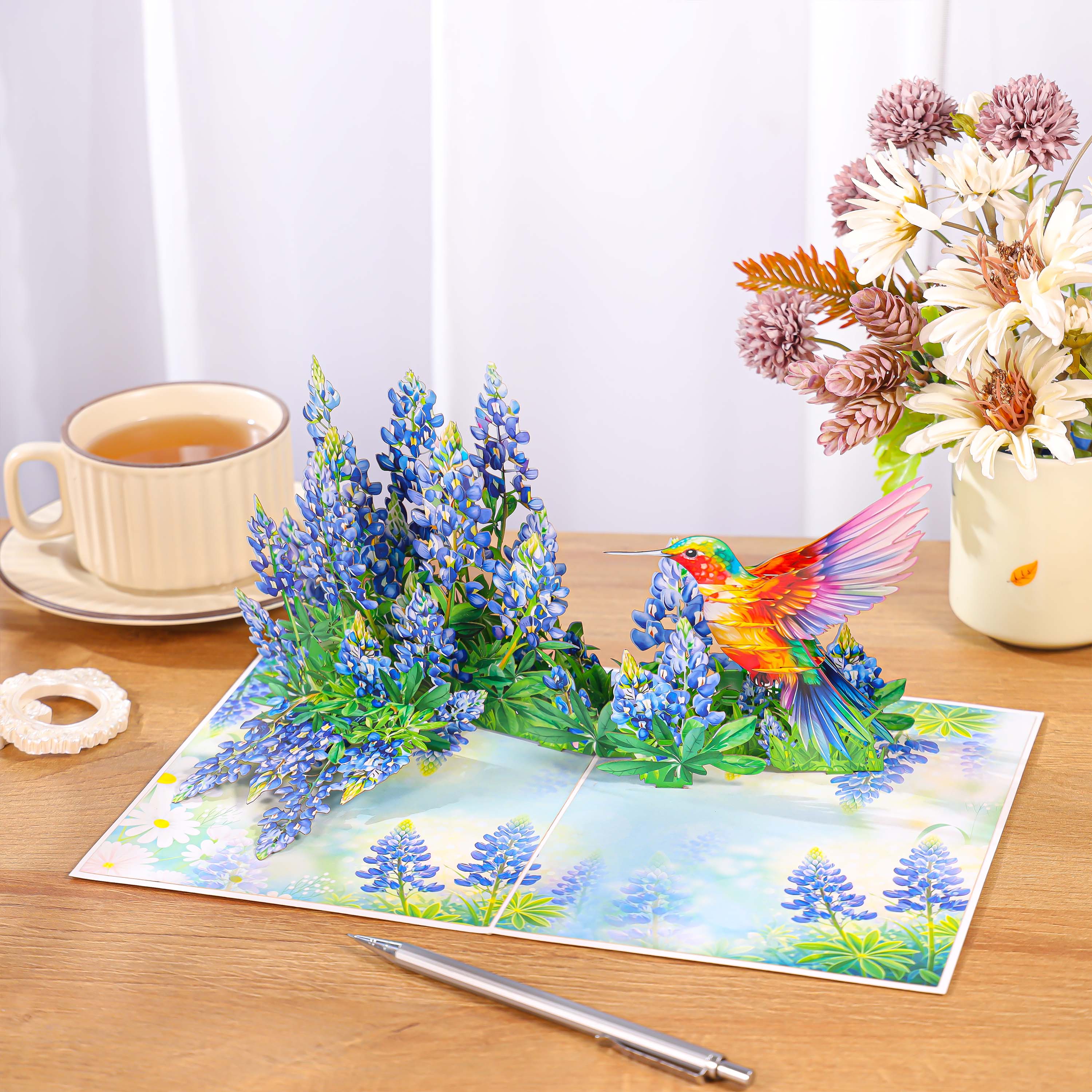 Bluebonnet & Hummingbird 3D Pop Up Card – Handmade Floral Greeting Card