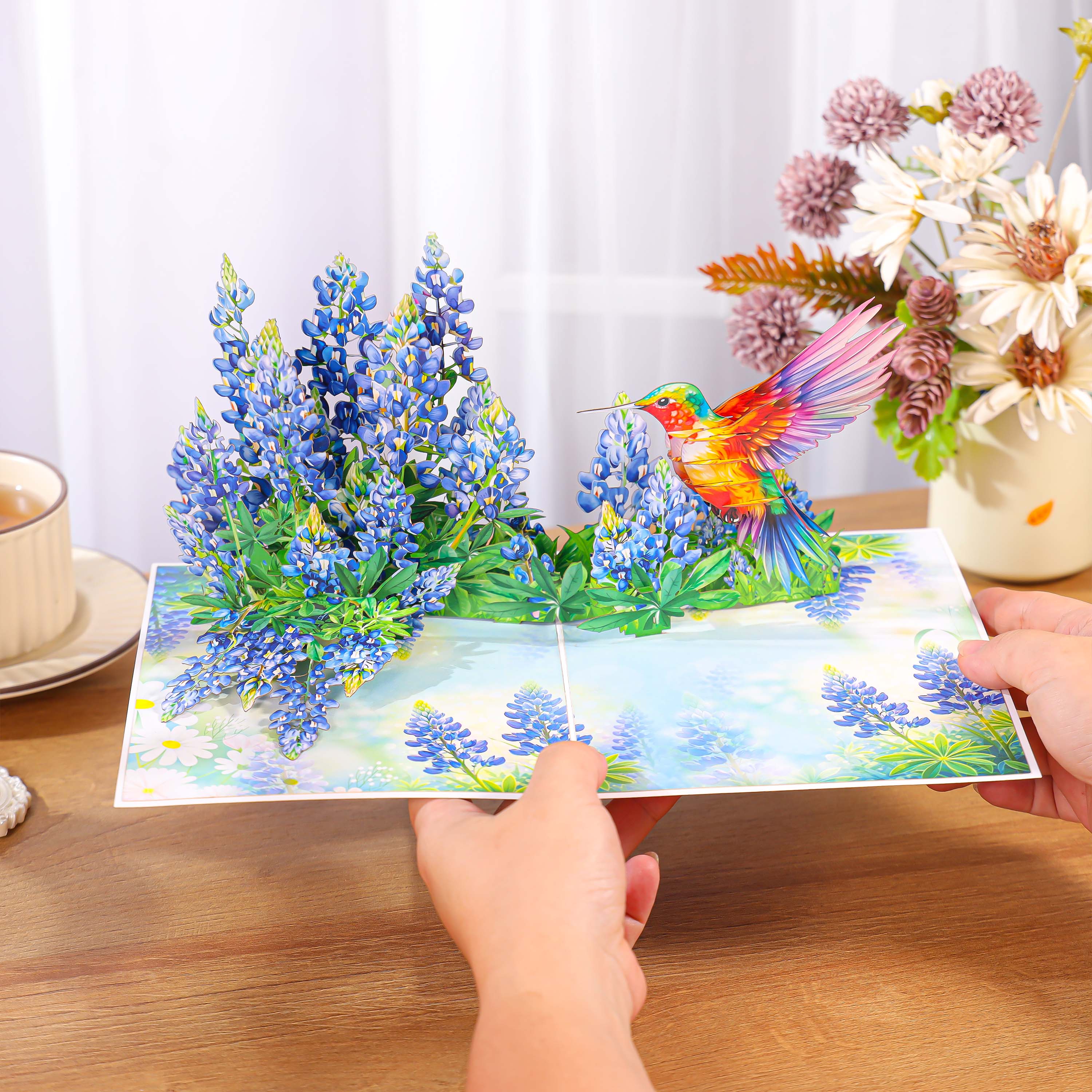 Bluebonnet & Hummingbird 3D Pop Up Card – Handmade Floral Greeting Card