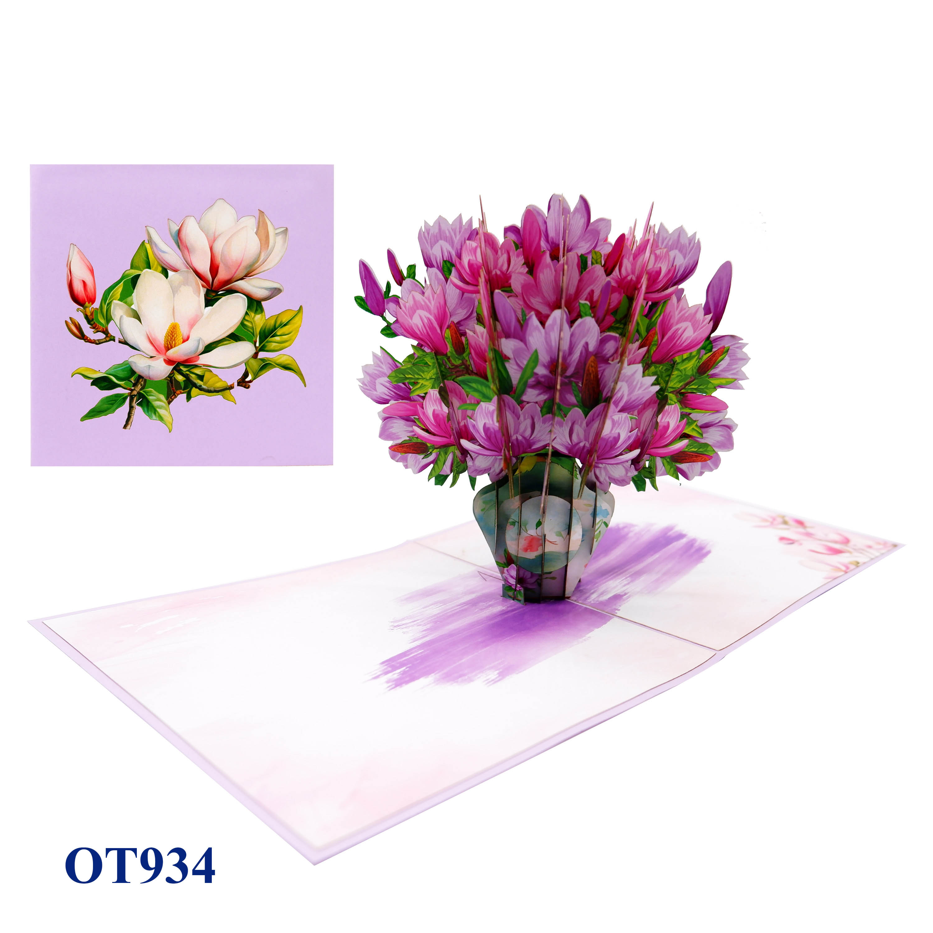 Purple Magnolia Flowers Vase 3D Pop Up Greeting Card