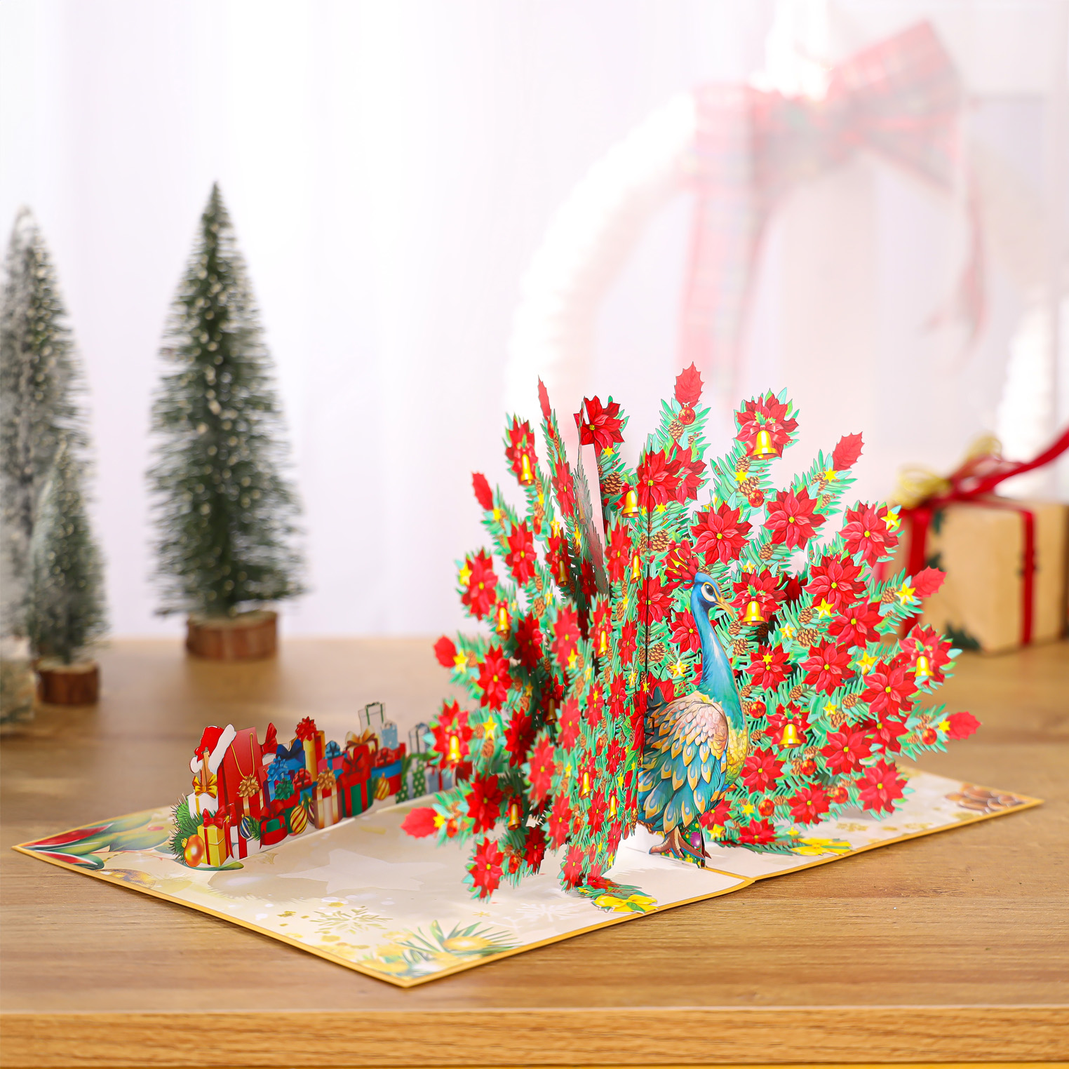Peacock Poinsettia Christmas 3D Pop Up Card
