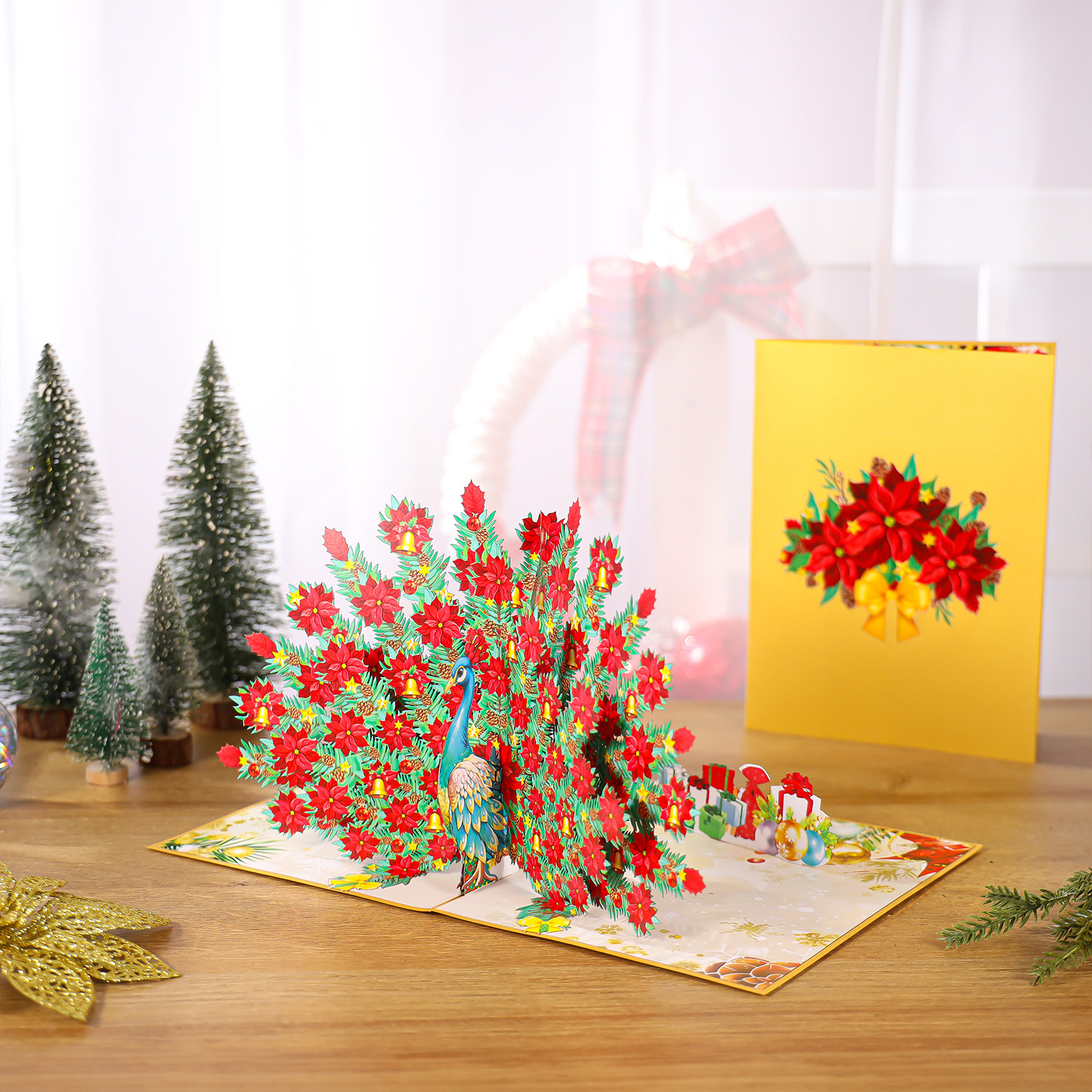 Peacock Poinsettia Christmas 3D Pop Up Card