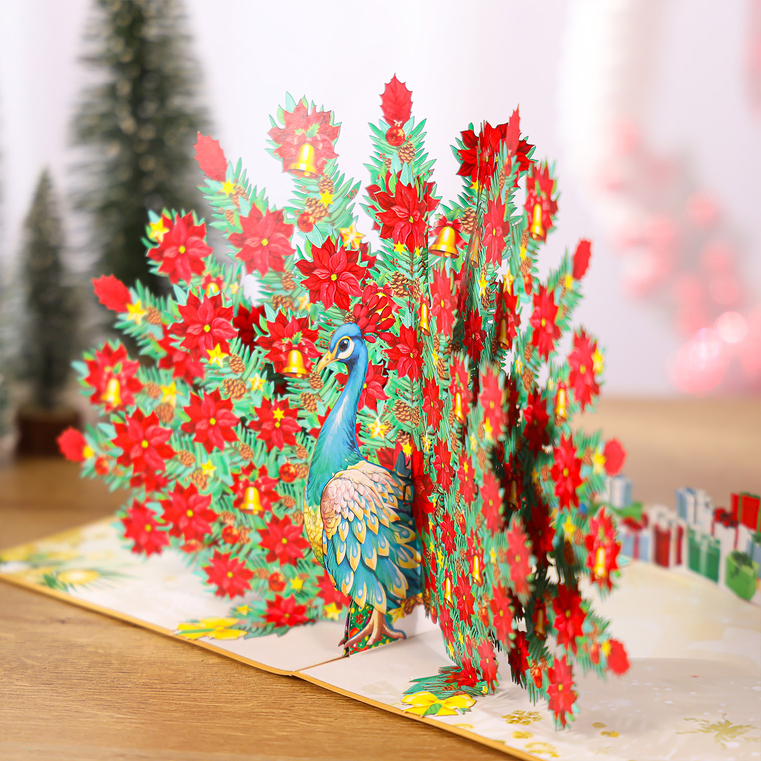 Peacock Poinsettia Christmas 3D Pop Up Card