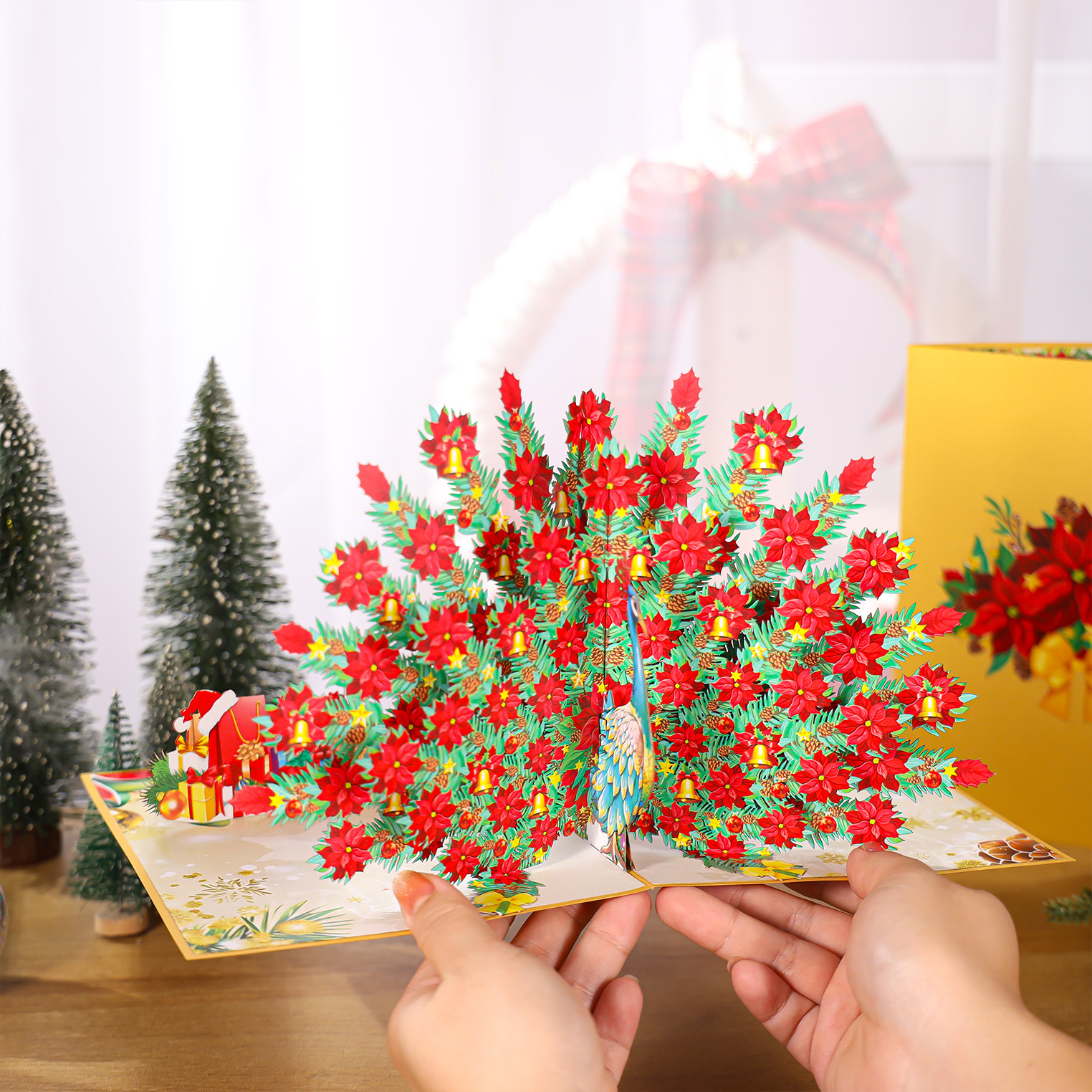 Peacock Poinsettia Christmas 3D Pop Up Card
