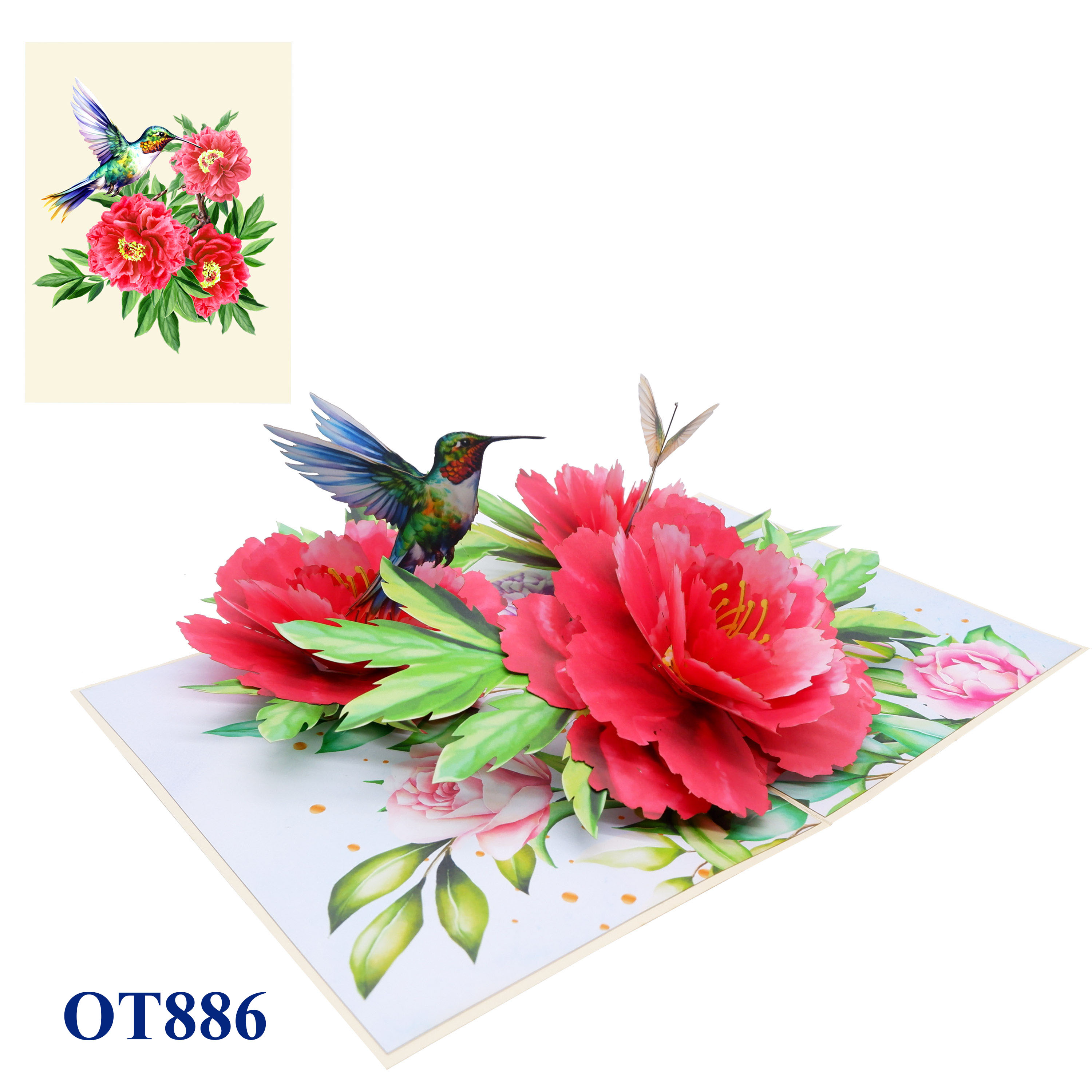 Peonies Flowers Hummingbird Pop Up Card