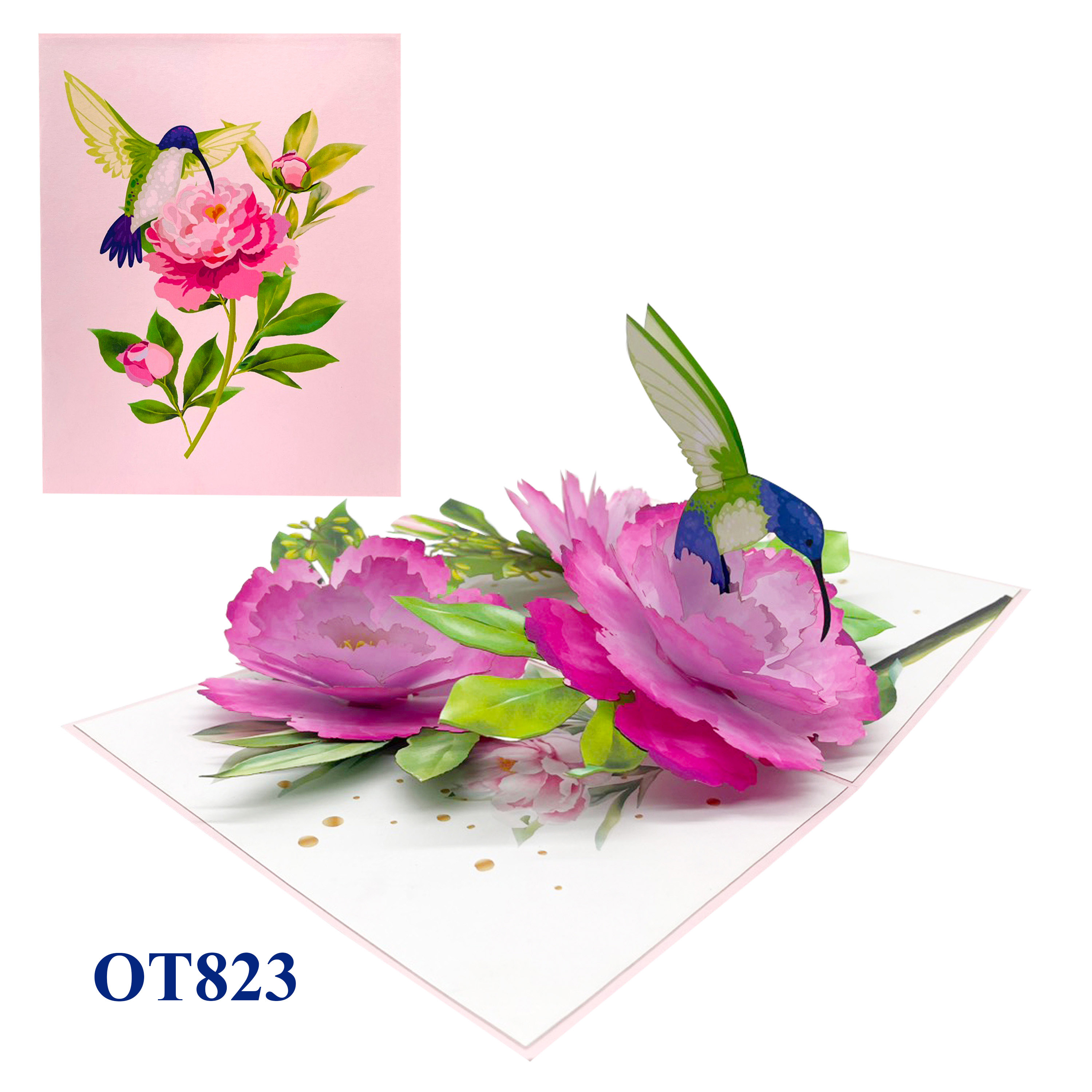 Peonies Hummingbird Pop Up Card