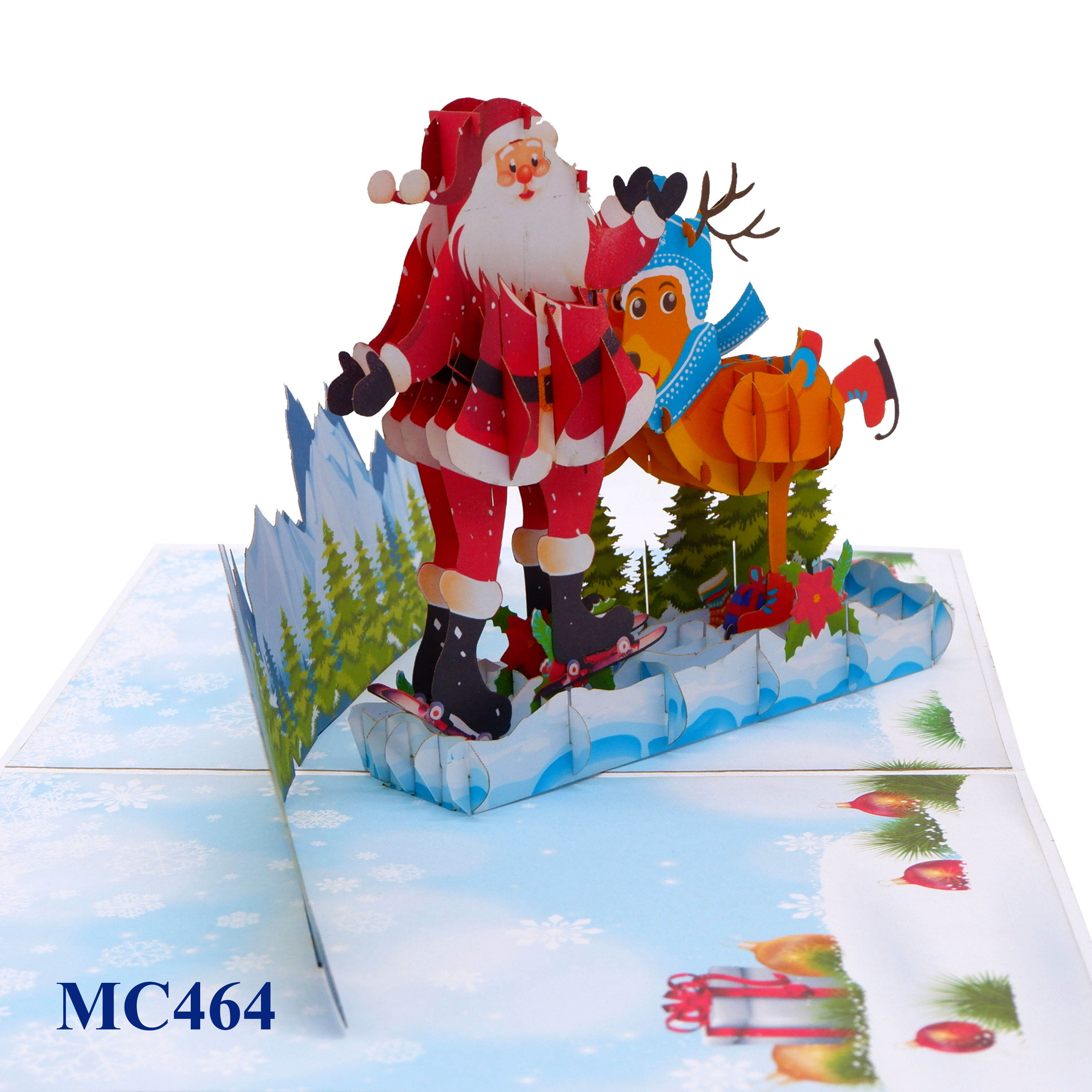 Skiing Santa Reindeer Pop Up Card