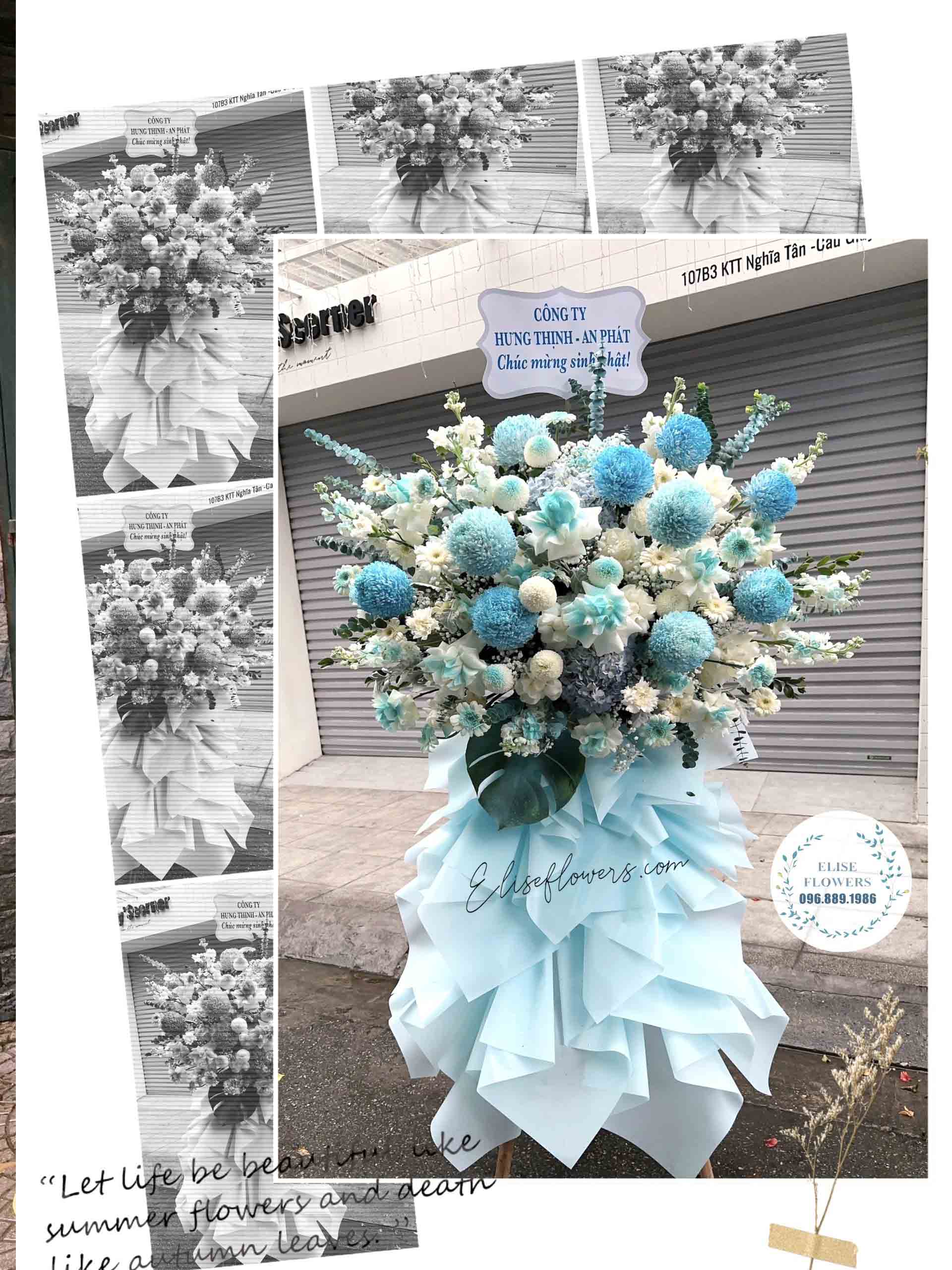 Kệ hoa cúc mẫu đơn tone màu xanh mint chúc mừng kỉ niệm ngày thành lập công ty | Kệ hoa cao cấp, phong cách hiện đại | Điện hoa chúc mừng kỉ niệm ngày thành lập công ty 