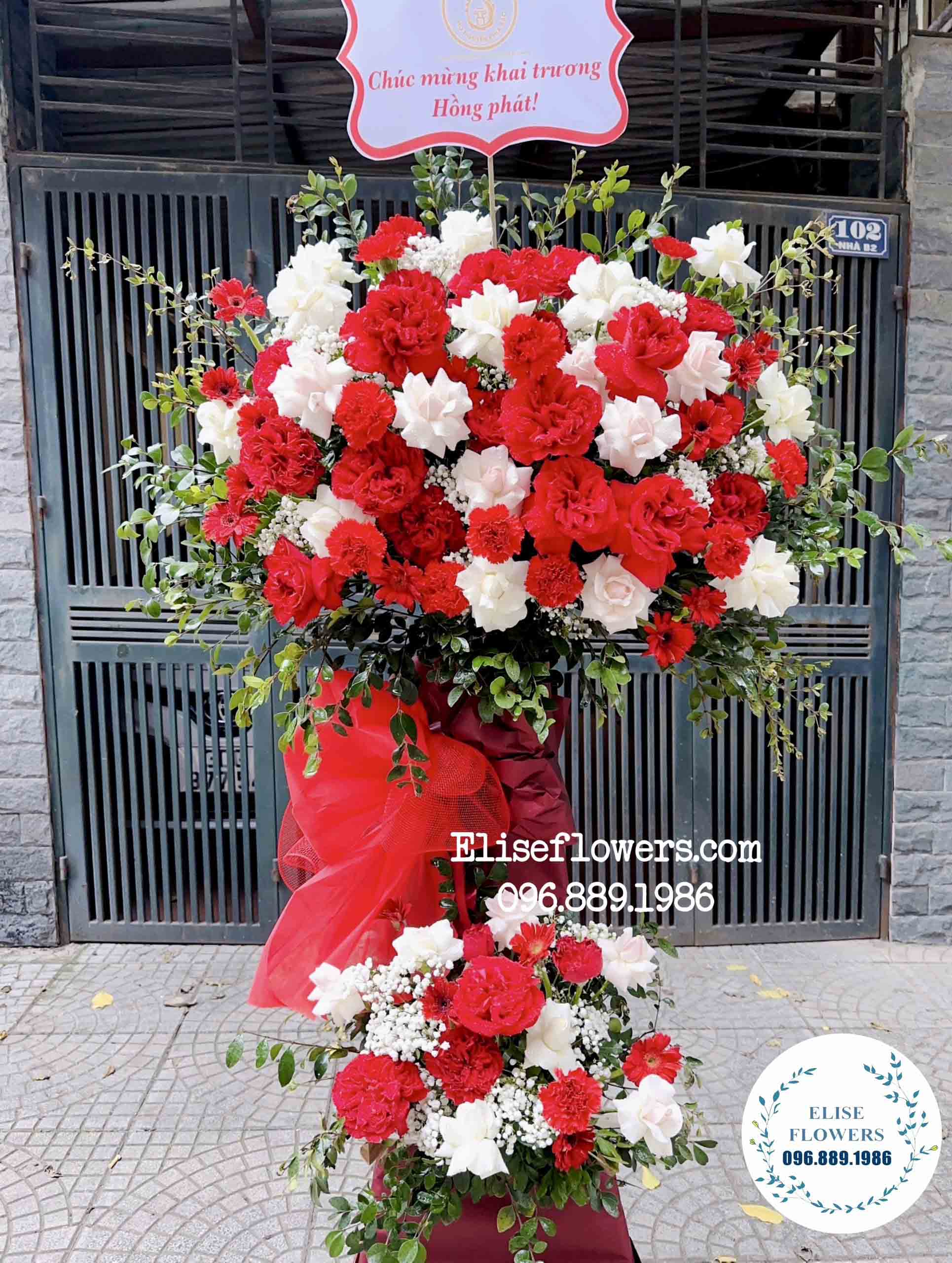 Lẵng hoa đỏ chúc mừng sự kiện, hội nghị, hội thảo tại Long Biên - Hà Nội | Lẵng hoa 2 tầng tone đỏ quý phái, sang trọng 