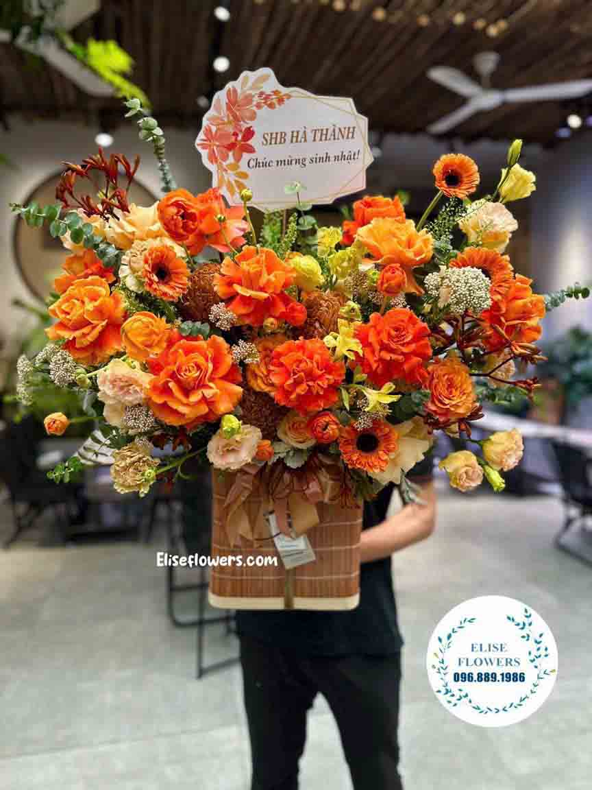 Lẵng hoa chúc mừng khai trương nổi bật, rực rỡ | Lẵng hoa tone cam cuốn hút chúc mừng khai trương | Điện hoa khai trương ở Hà Nội