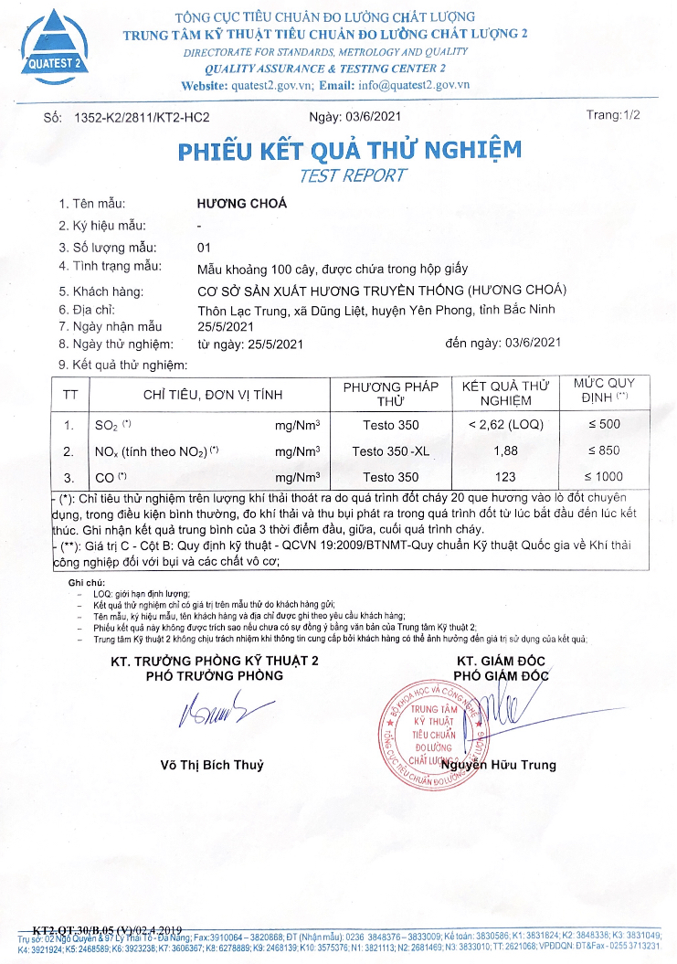Hương Choá sạch thông qua các chỉ số