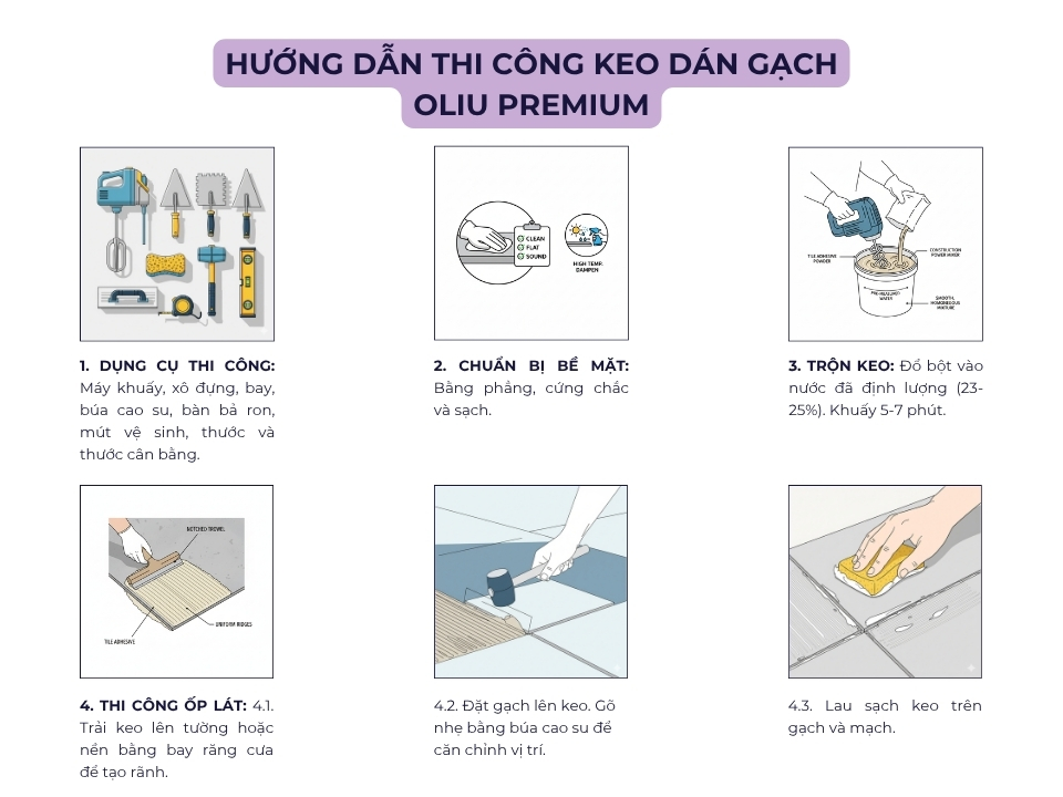 Các bước thi công keo dán gạch Oliu Premium