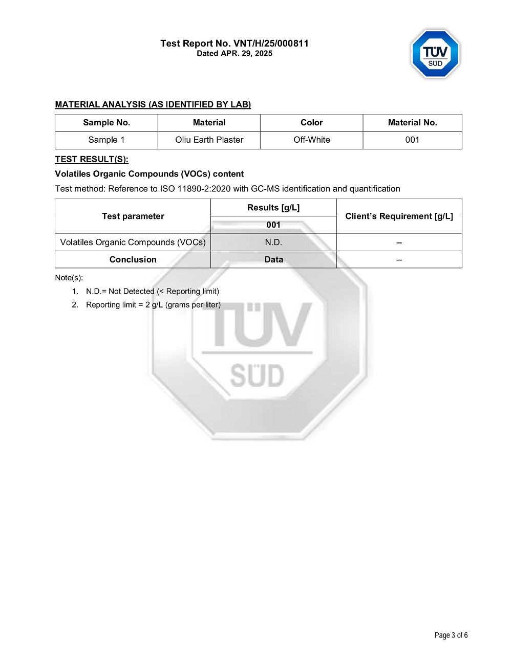 Vữa đất Oliu Earthen Plaster không chứa VOCs - Kết quả thử nghiệm từ TÜV SÜD