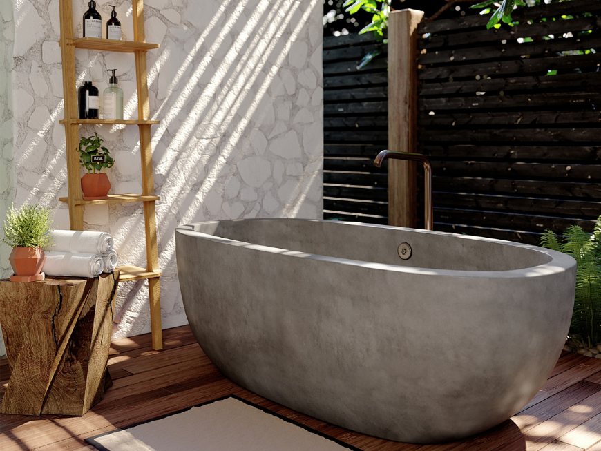 Bồn tắm bê tông mài vừa mộc mạc vừa hiện đại, giúp làm mới không gian phòng tắm của bạn (Ảnh sưu tầm)