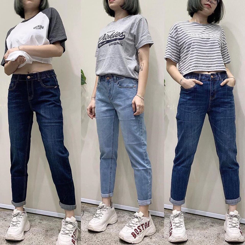 Quần jean lưng thun dây kéo form baggy