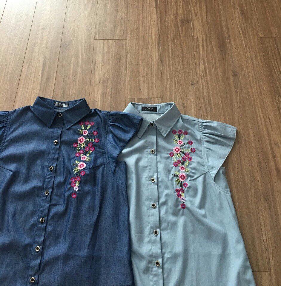 Denim thêu sơmi tay bèo