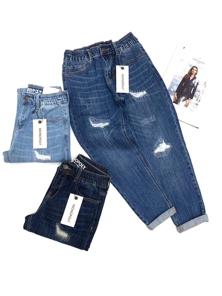 Quần jean lưng thun dây kéo form baggy