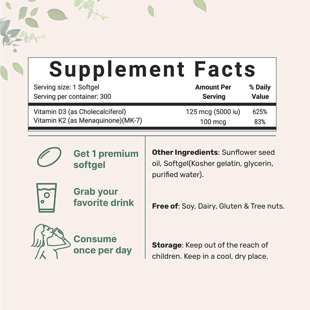 Micro Ingredients Vitamin D3 5000IU K2 MK7 100MCG - Viên uống D3 K2
