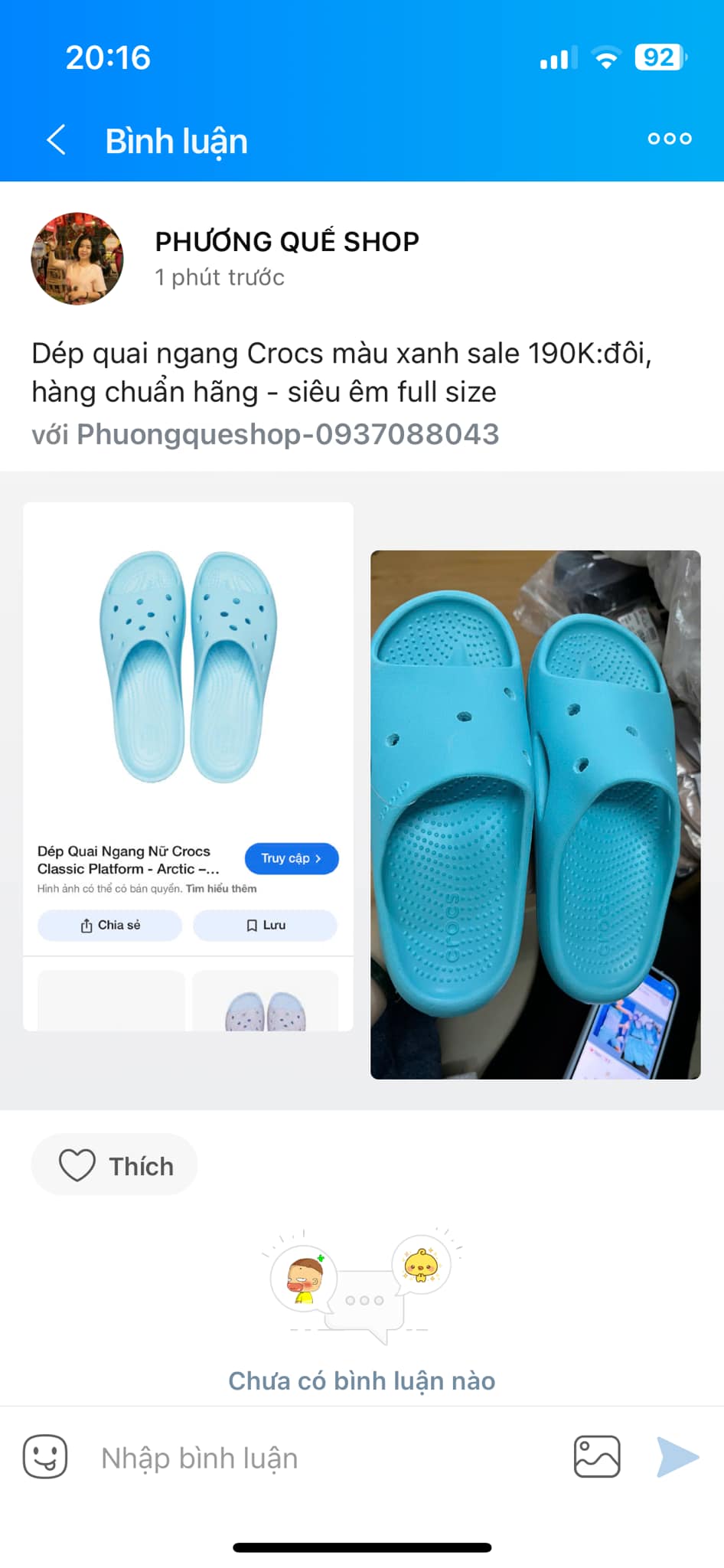Dép quai ngang Crocs màu xanh sale 190K