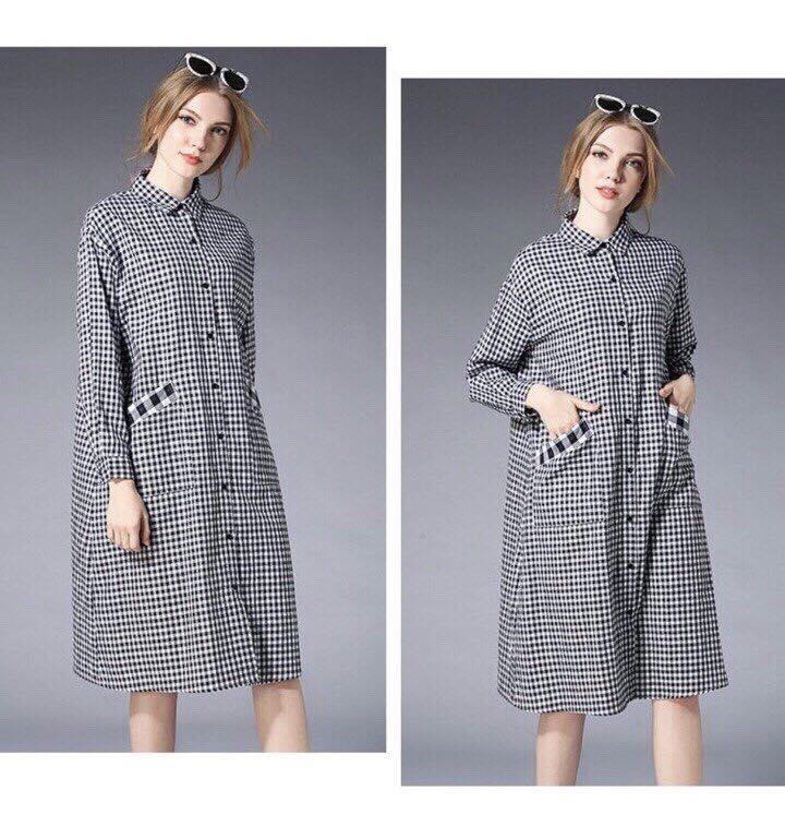Đầm sơmi caro dáng oversize