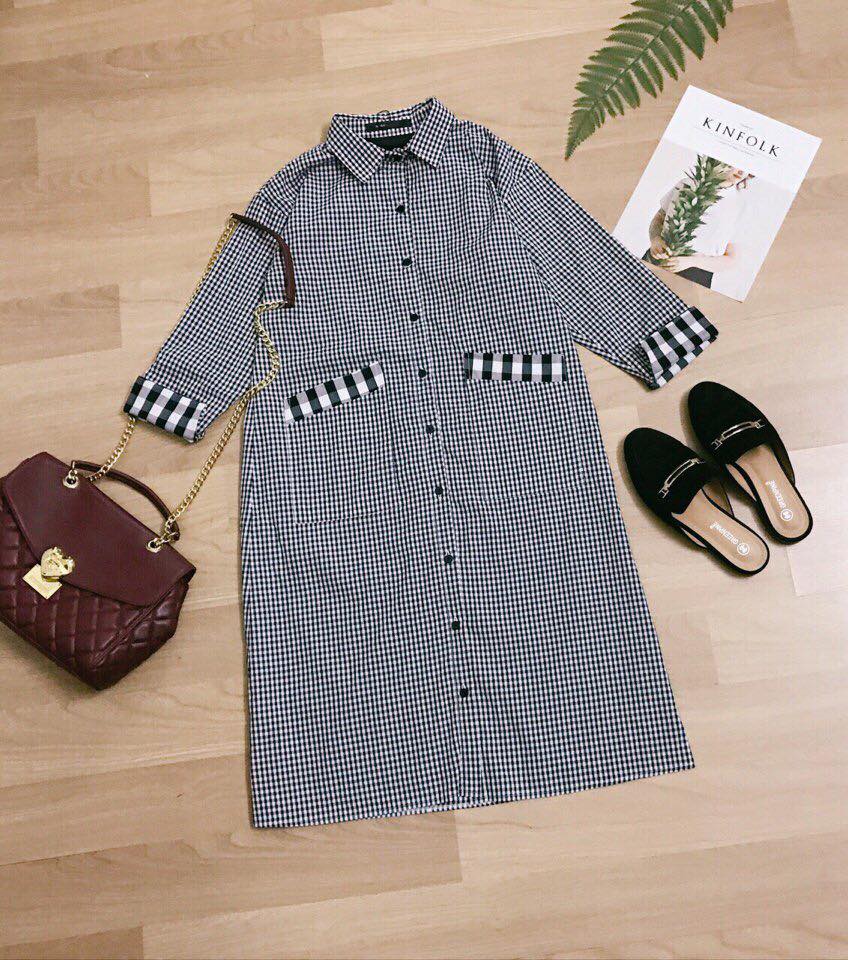 Đầm sơmi caro dáng oversize