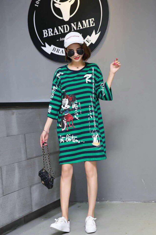 Đầm thun sọc ngang phối hình Micky
