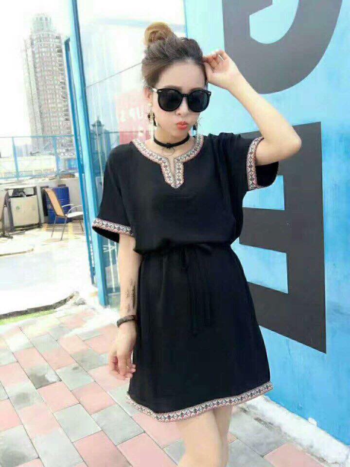 Đầm thun eo, viền tay, viền cổ xinh