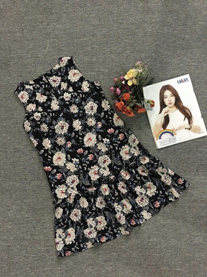 Đầm hoa hạ eo vải lanh